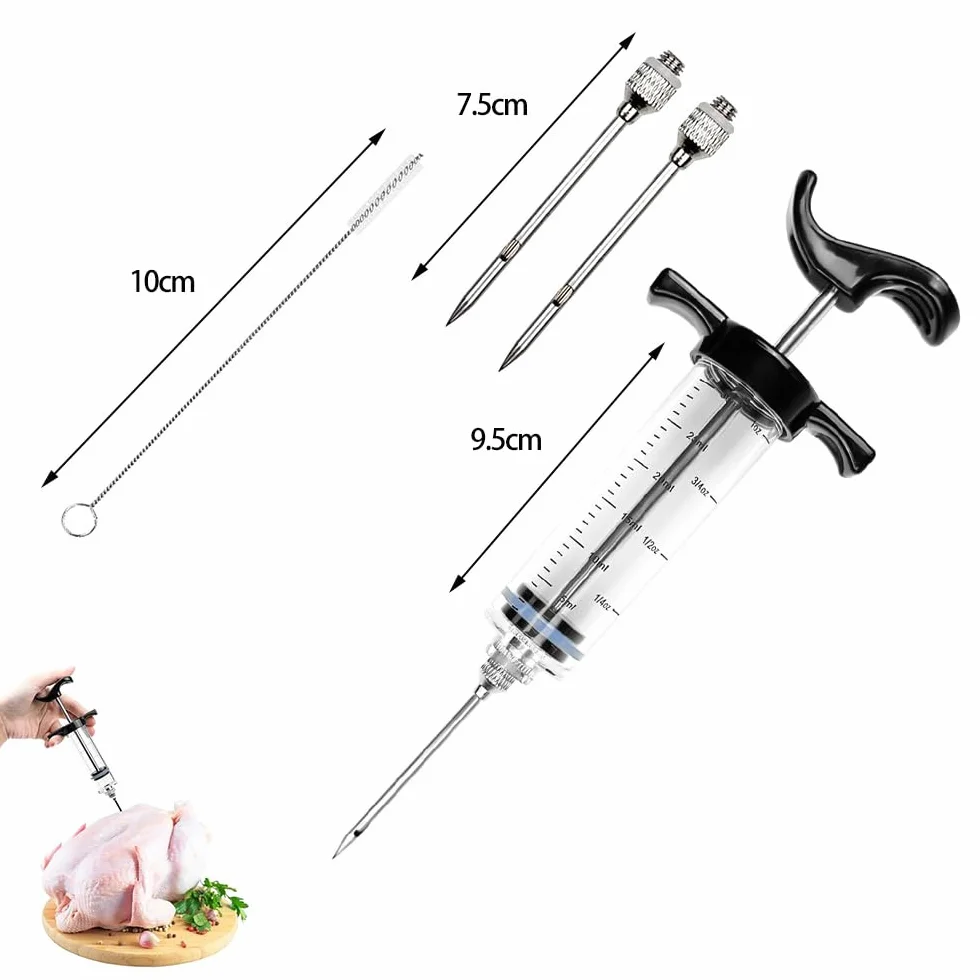 Seringue Alimentaire Acier Inoxydable Injecteur de Marinade 3 Aiguilles pour Dinde Bœuf Poulet