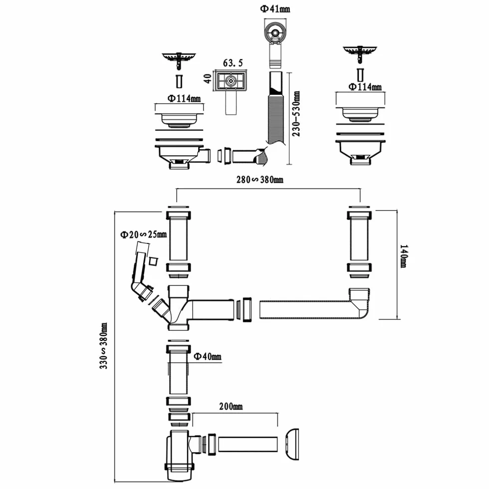 Talea Siphon double 114 mm évier raccord lave-vaisselle ouverture 84-90 mm