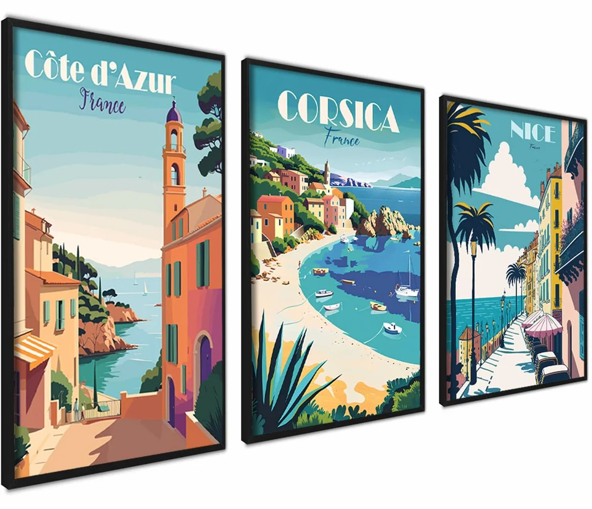 Affiche Decoration Murale 30x40 cm Lot de 3 Tableaux Côte d'Azur