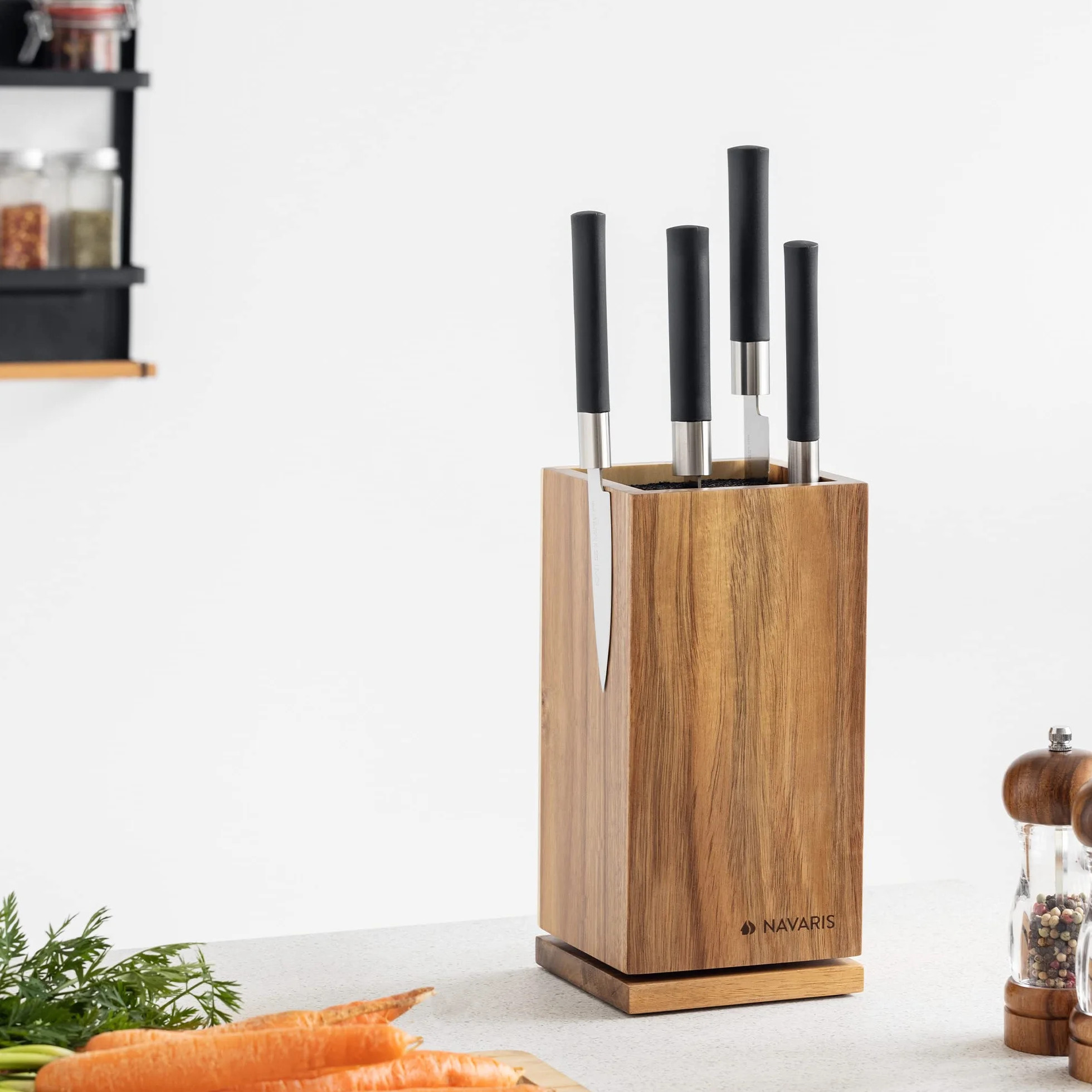 Navaris Porte-Couteaux en Bois - Bloc de Rangement à Couteau Rotatif et magnétique en Acacia 25 x 12,5 x 12,5 cm - Bloc Couteau Vide avec tiges