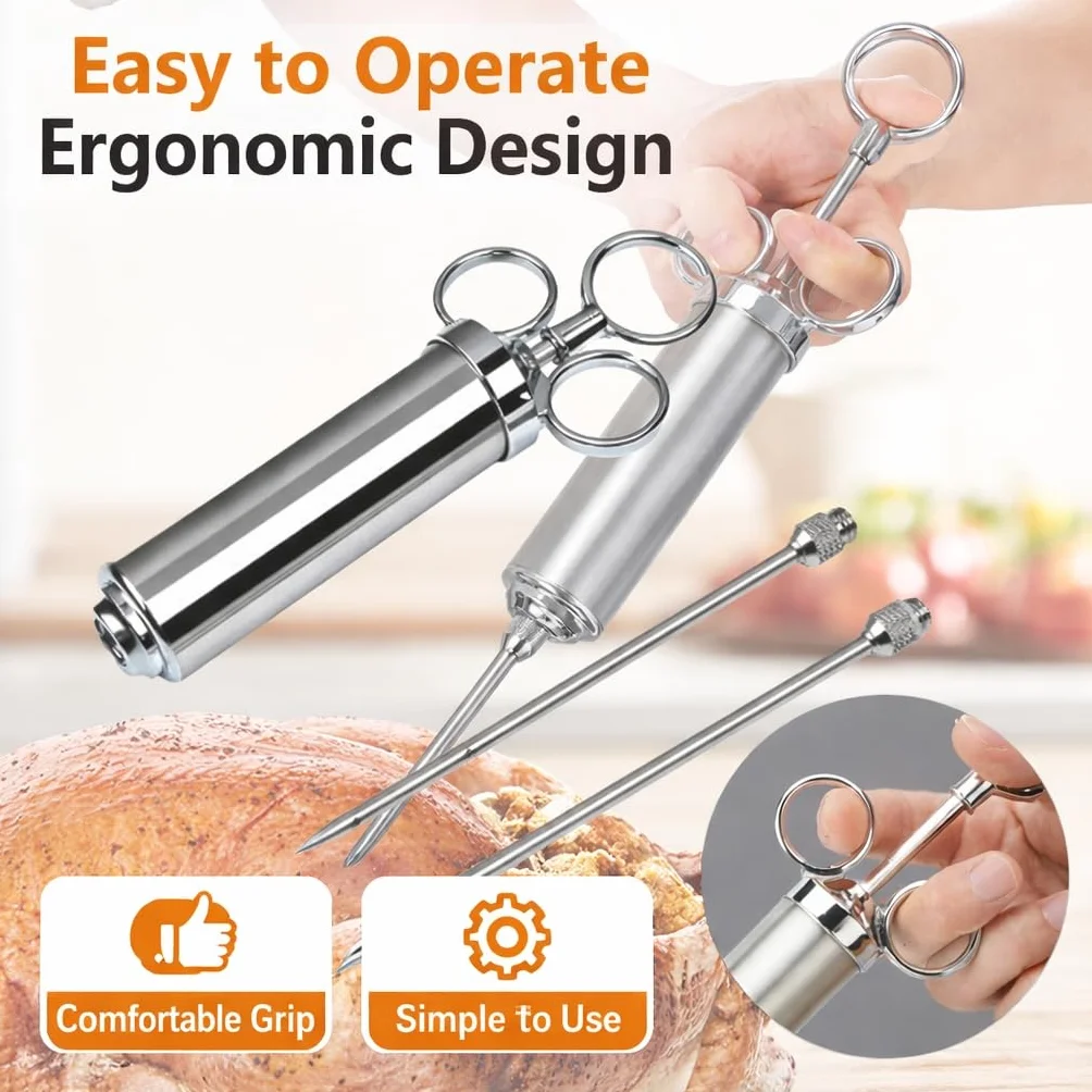 Seringue à marinade en acier inoxydable 60 ml avec 3 aiguilles – Injecteur de viande pour barbecue