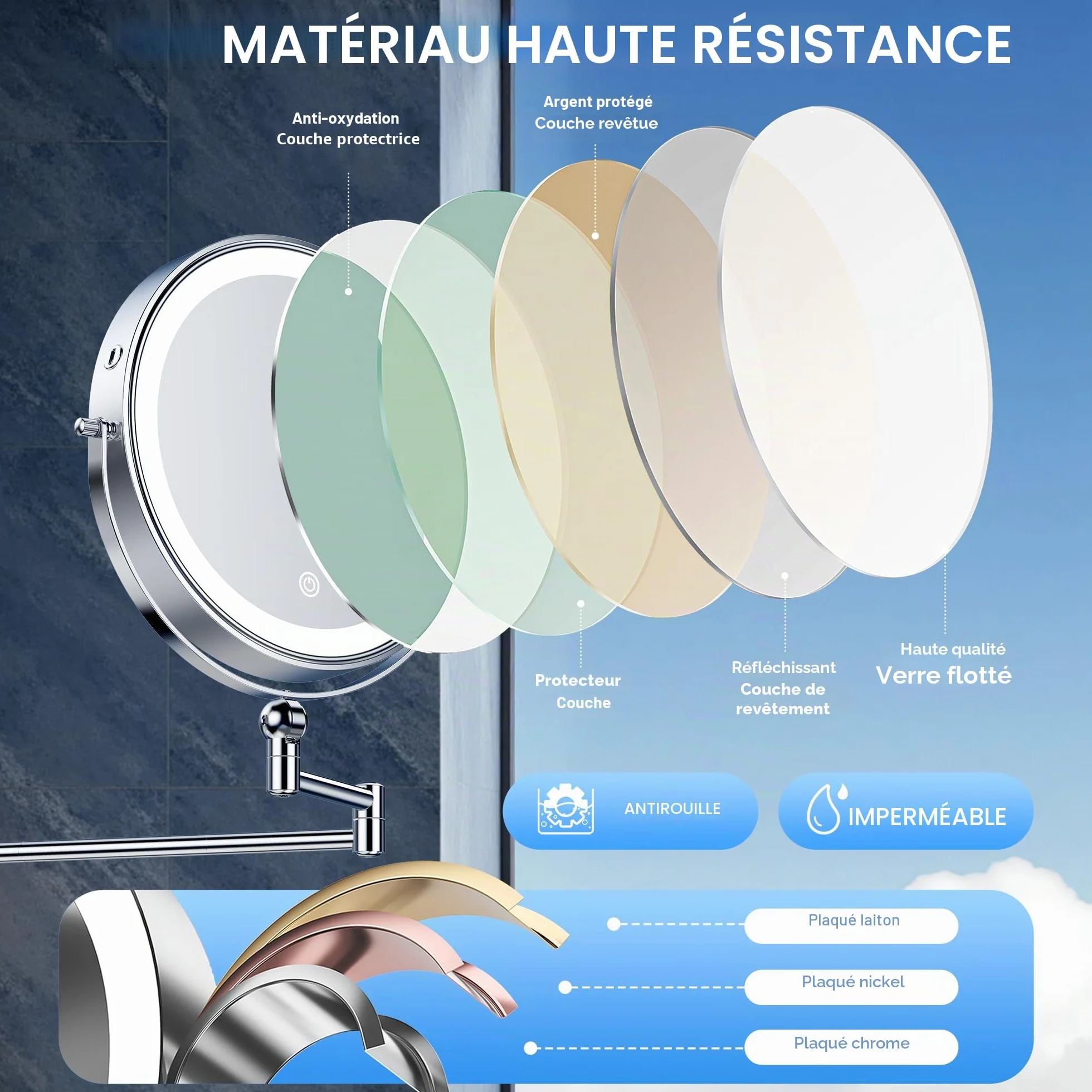 Auxmir 9" Miroir Grossissant Mural Rechargeable 5000 mAh, Miroir Grossissant x30 Réglable en Hauteur et Rotatif 360° pour Soins du Visage et Rasage pour Toute la Famille, Salles de Bain et Hôtels