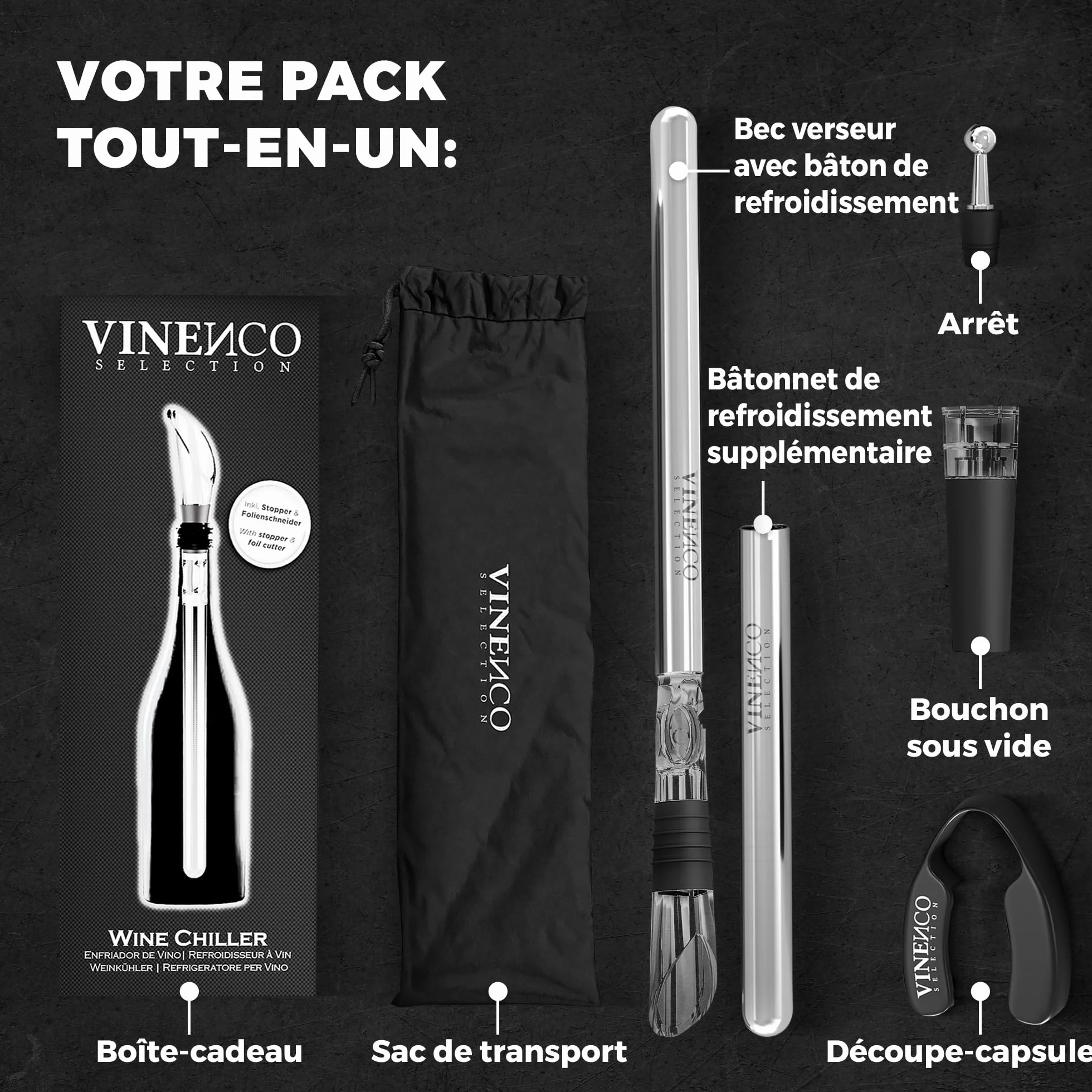 Rafraîchisseur de Bouteille de Vin 3 en 1: 2 Tiges Refroidissement Acier + Aérateur Décanteur + Anti-Goutte | Ensemble Bar