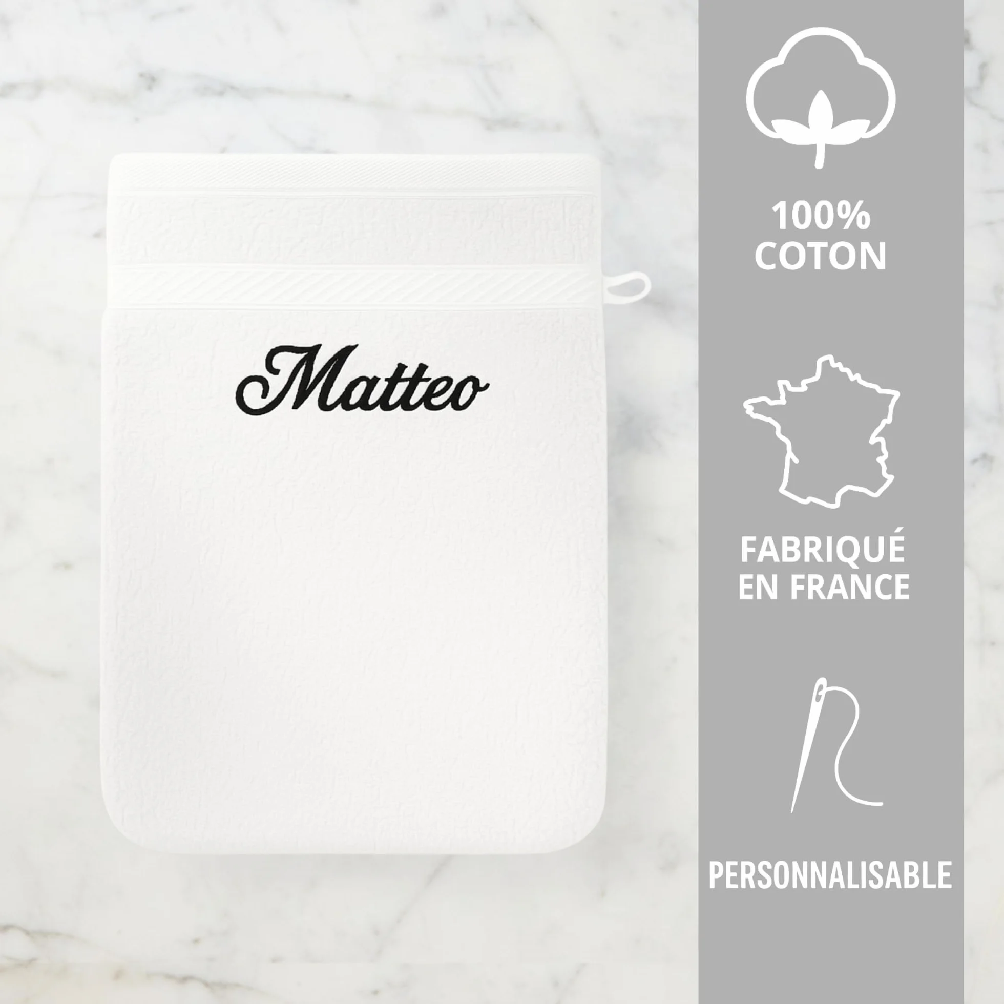 Gant de Toilette personnalisé Blanc 15x21 cm Éponge Coton Douce Broderie prénom initiales Cadeau élégant