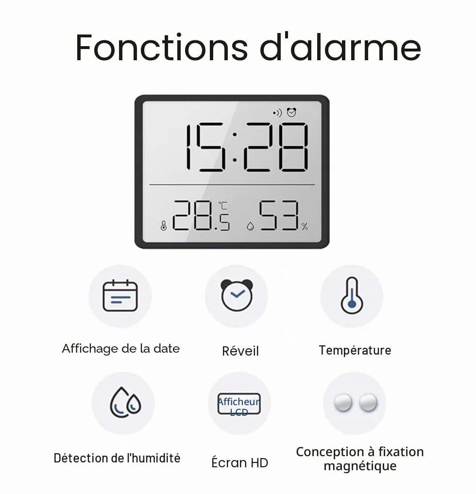 Thermomètre Hygromètre Numérique avec Réveil LCD Température Humidité 12/24 Heures ℃/℉