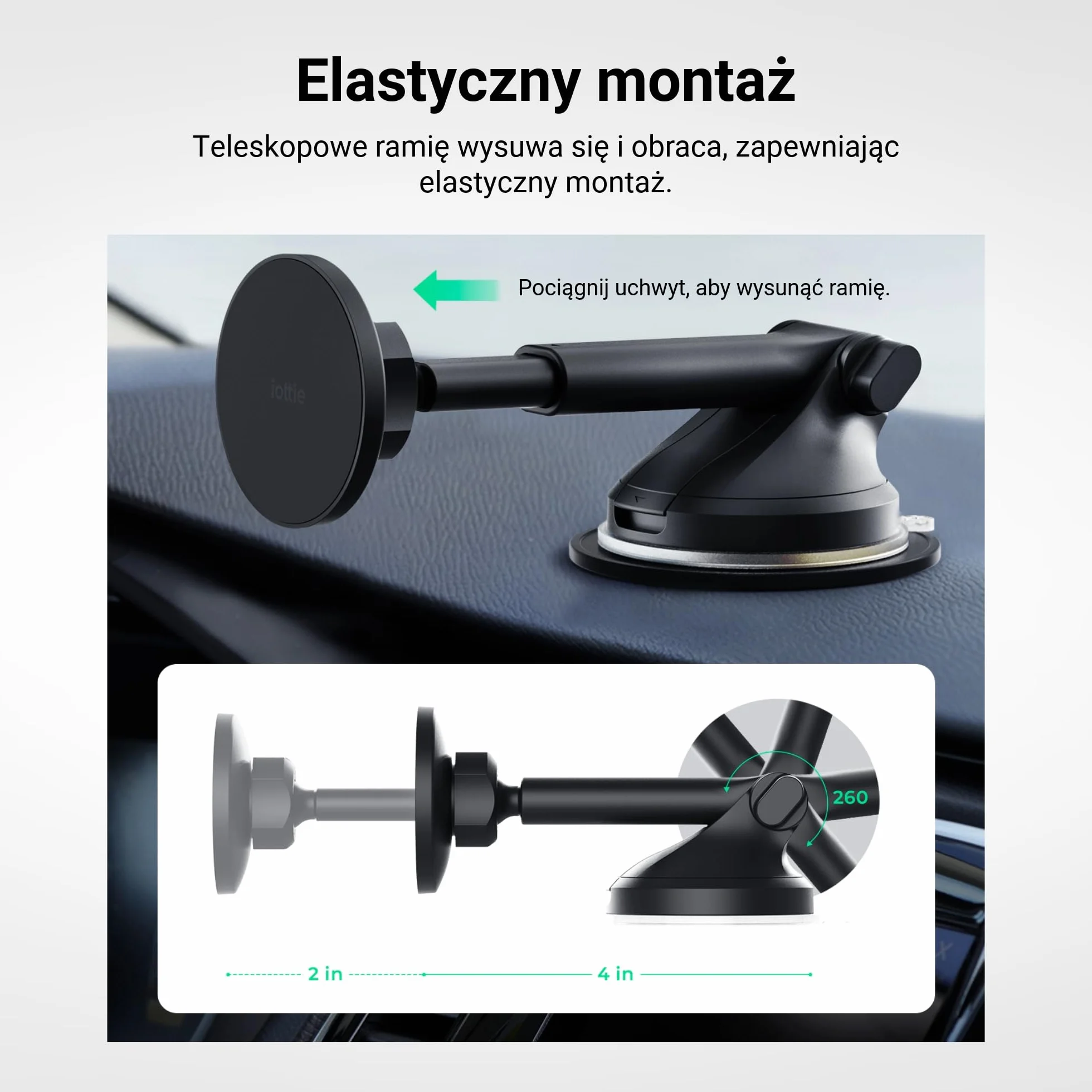 iOttie iTap 3 Magnetyczny uchwyt samochodowy na deskę rozdzielczą i przednią szybę z magnetycznym adapterem pierścieniowym. Kompatybilny ze smartfonami Qi2, MagSafe, iPhone i Android.
