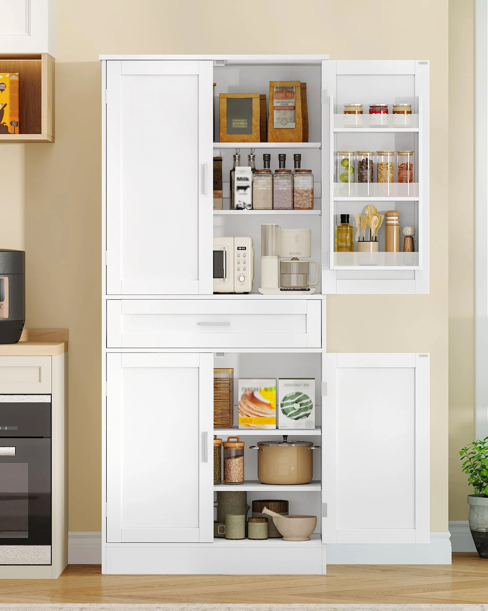 Hzuaneri Meuble Cuisine, Buffe Haute avec Porte-étagère 6 Niveaux, Meuble de Rangement avec 4 Portes et 1 Grand Tiroir, Style Moderne, Cuisine, Salon, 40 x 80 x 180 cm, Blanc PT21003X
