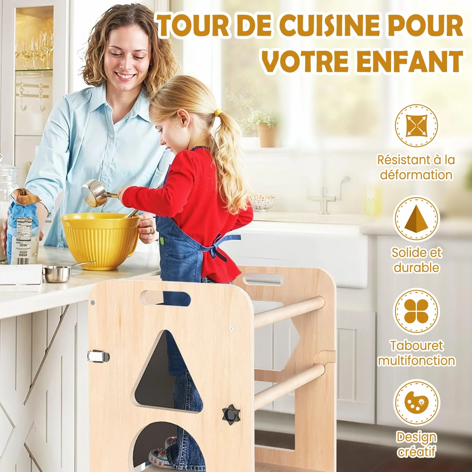 Woodure Tour d'apprentissage Montessori 4 en 1, Tour d Observation Enfant Pliable avec Tableau Noir, Tabouret de Cuisine en Bois pour Enfants, Cadeaux pour garçons et Filles de 1 à 3 Ans