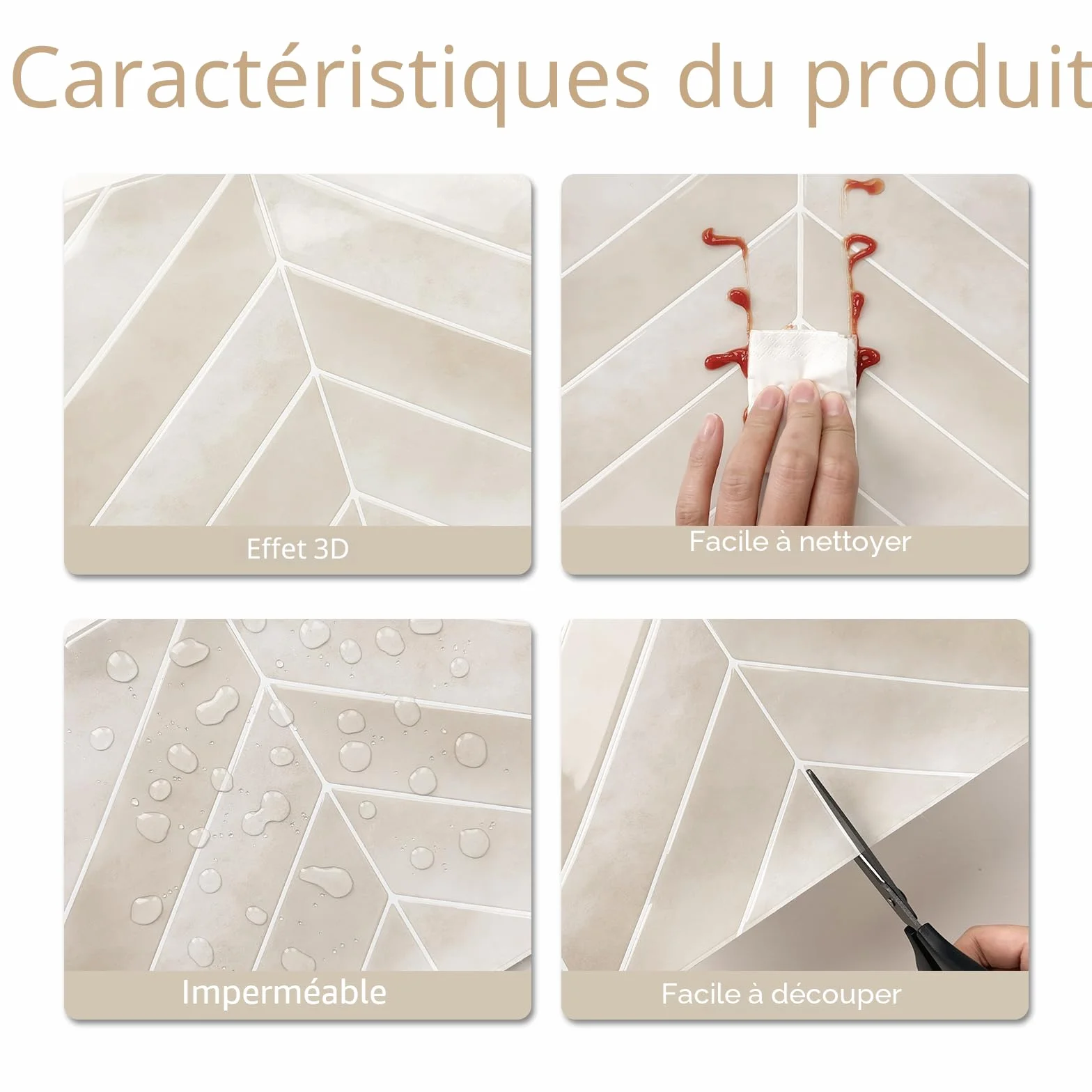 Alwayspon Lot de 10 feuilles 29x23 cm Beige Herringbone 3D Vinyle Autocollant effet carrelage à coller au mur, dosserets auto-adhésifs imperméables pour cuisine et salle de bain