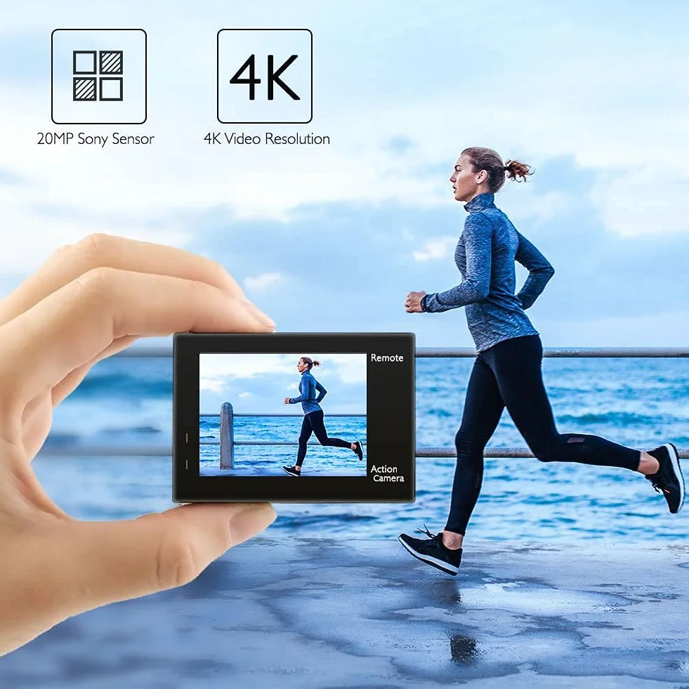 AKASO Kamera sportowa 4K 20MP / kamera podwodna ze stabilizacją obrazu, zoomem, nagrywanie poklatkowe, 30 m z pilotem zdalnego sterowania, 2 akumulatory i zestaw akcesoriów