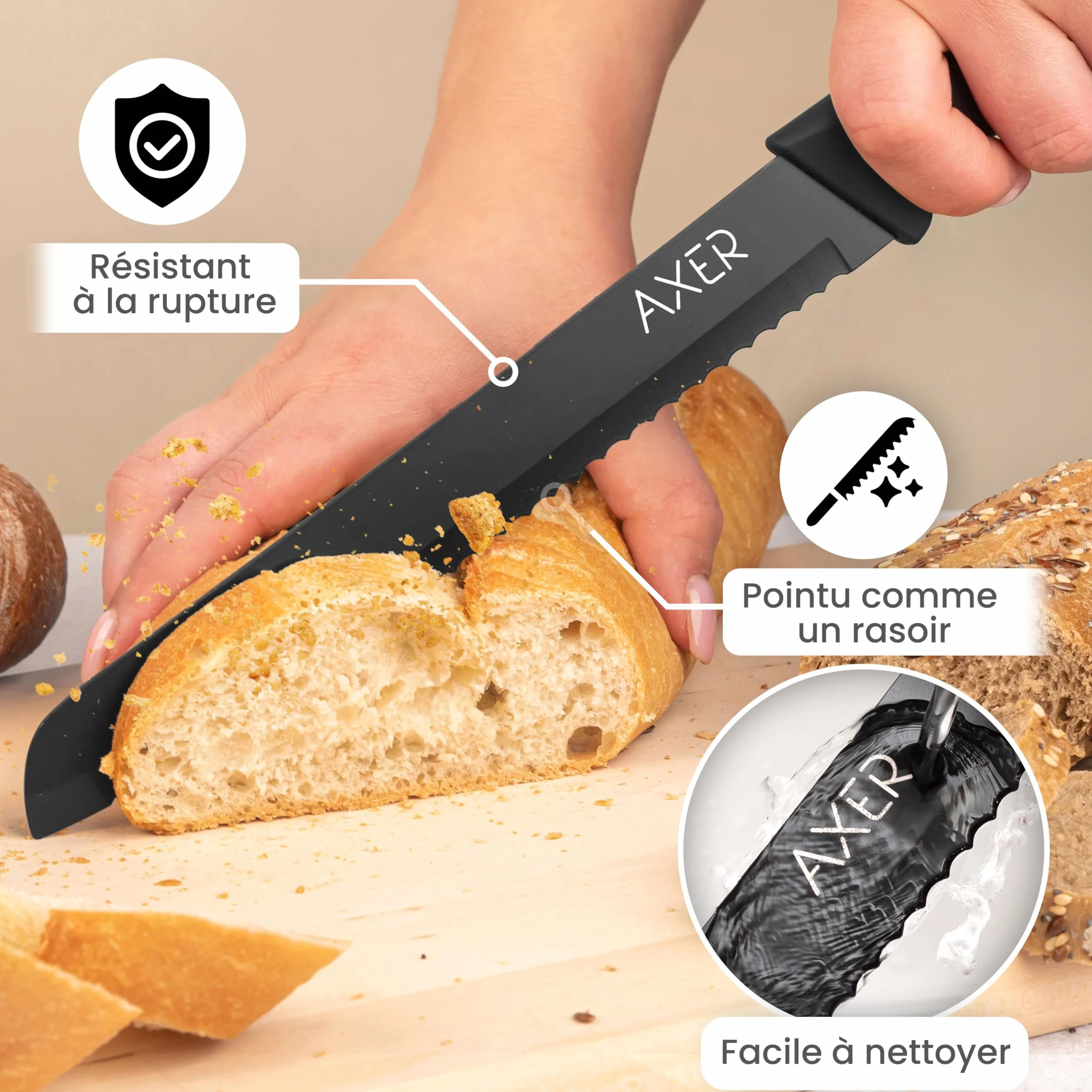 Couteau à Pain Axer avec Étui et Boîte - Couteau Pain Entièrement Noir