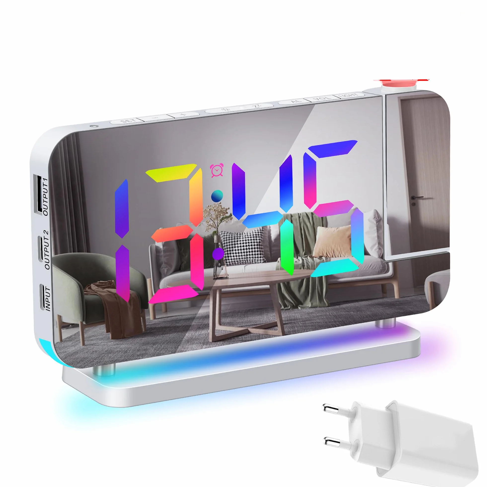Horloge Projection Numérique LED RGB Réveil Lumière d'Ambiance 7 Couleurs avec Adaptateur
