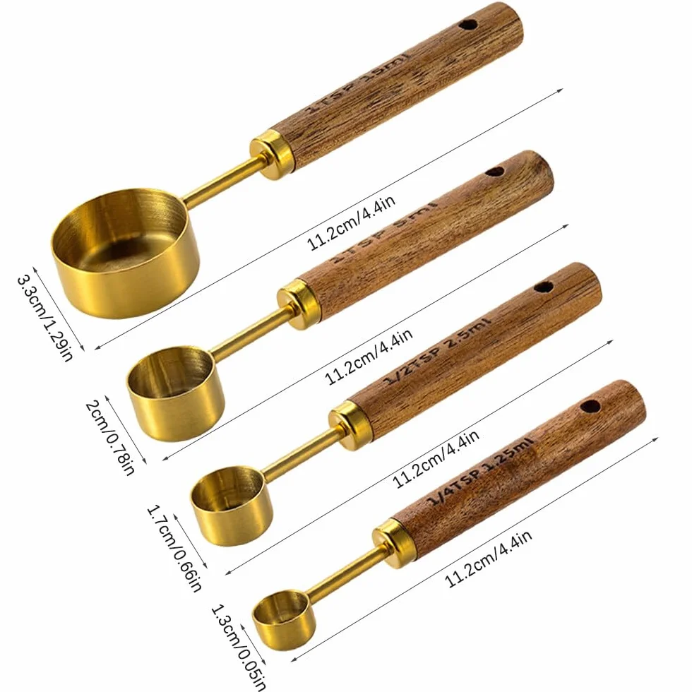 Ensembles de Cuillères Doseuses Inoxydable, 4 Pièces Cuillères à Mesurer avec Manche en Bois pour Cuisson (Or)