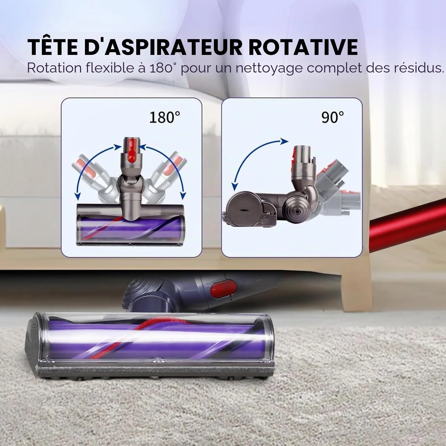 Tête de Brosse Dyson V7 V8 V10 V11 V15 SV10 SV11 SV12 SV14 pour Tapis et Sols Durs