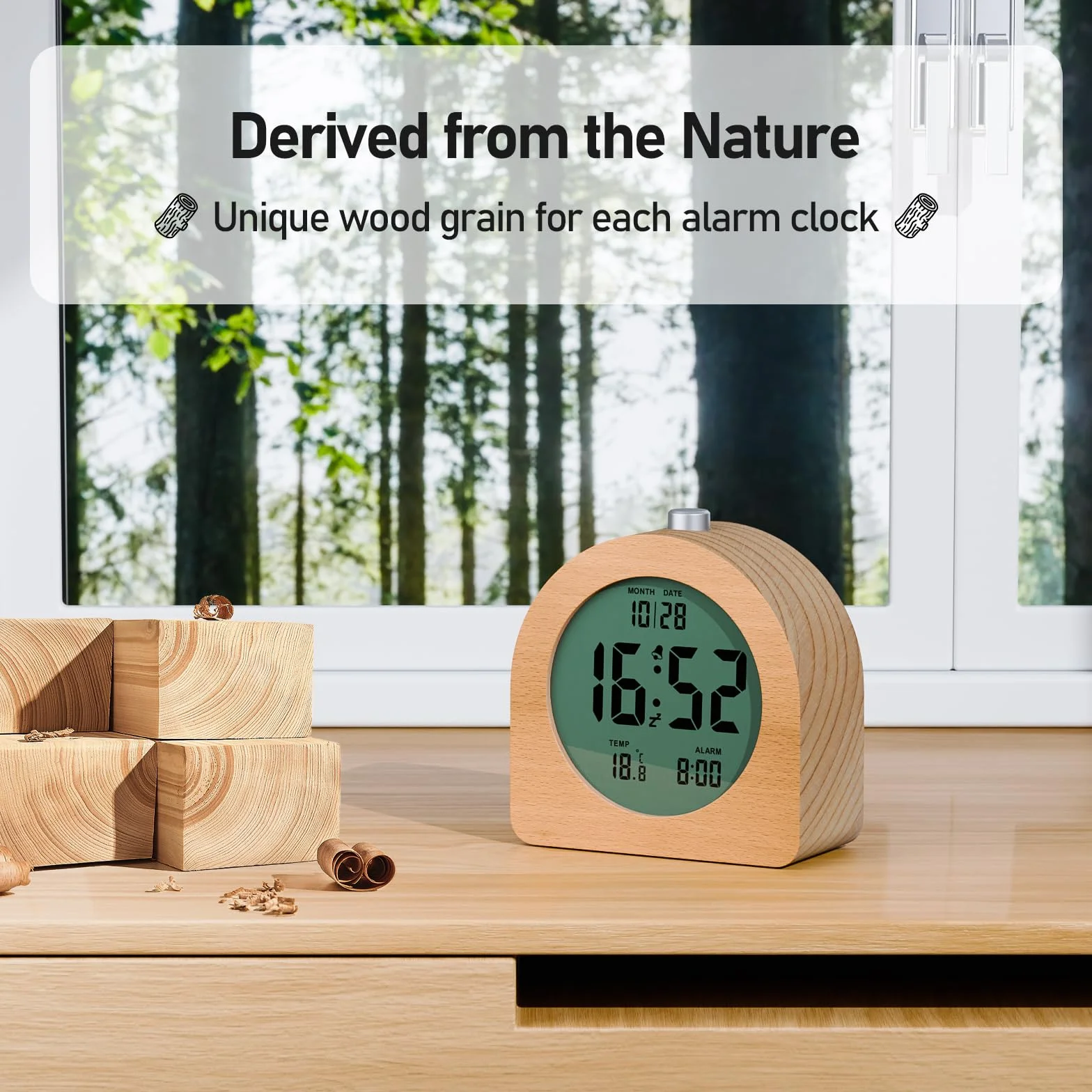 Réveil Numérique en Bois avec Écran LCD, Fonction Snooze, Affichage Date et Température, 12/24H