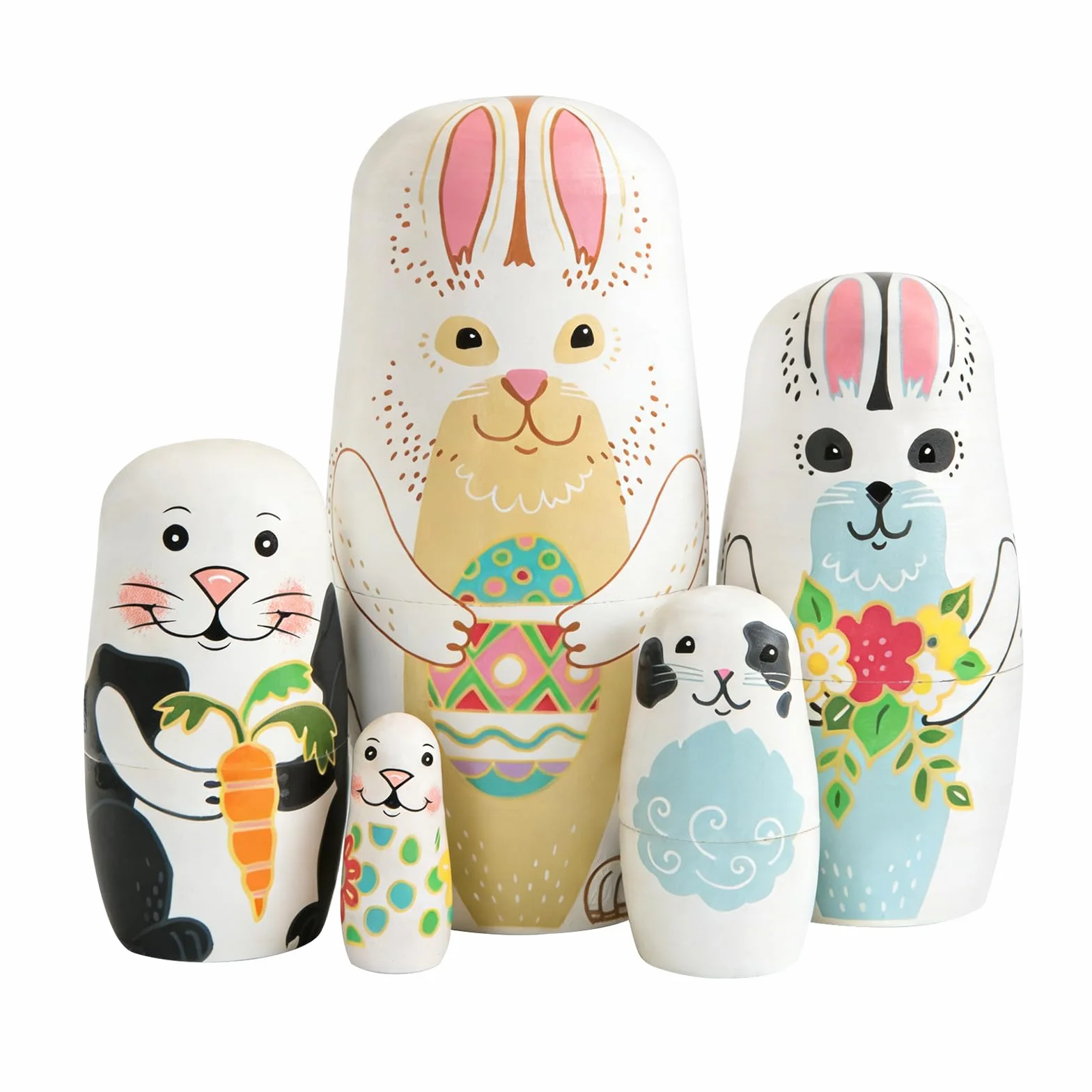 Boerni Lot de 5 poupées gigognes en bois lapin blanc matriochka babushka décoration Pâques Noël