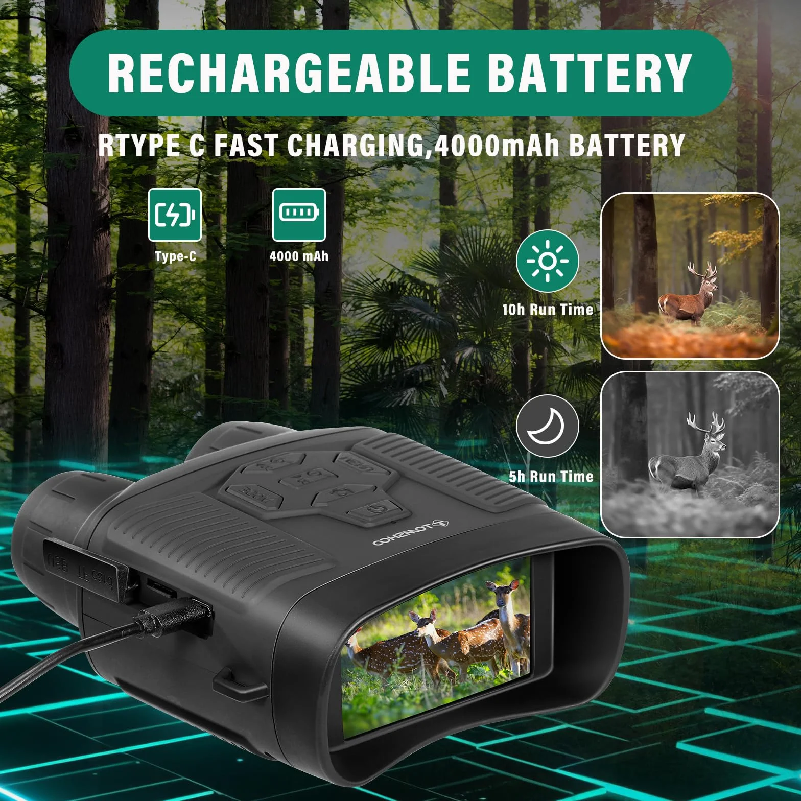 TOMSHOO Noktowizor, 4K 36 MP 300 m, gogle Night Vision z 4000 mAh, możliwość ponownego ładowania, karta pamięci 32 G, zoom cyfrowy 6,8x, reflektor IR 850 nm do monitorowania, obserwacji zwierząt
