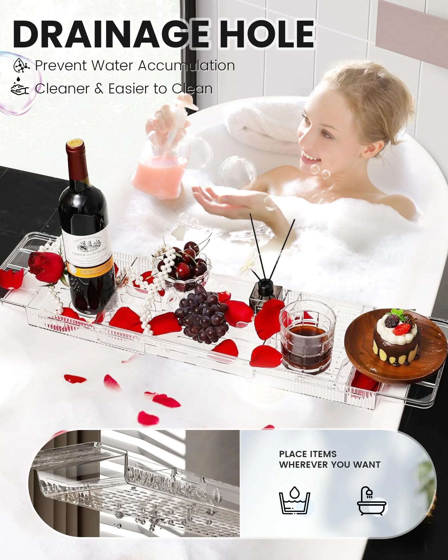 Plateau Baignoire Extensible en Acrylique avec Support pour Bougie, Verre, Livre, Tablette, Ipad et Téléphone