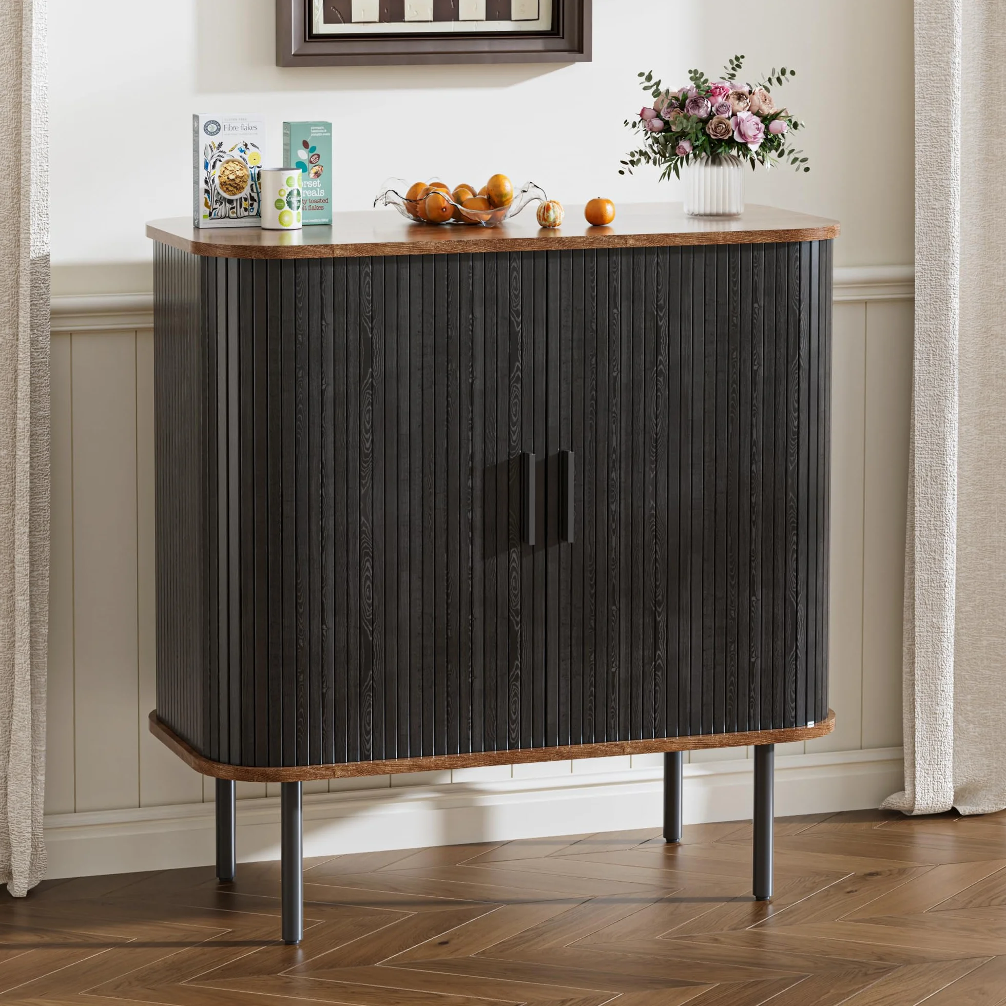 BonVache Meuble de Cuisine, Buffet à 2 Portes coulissantes, Armoire de Rangement avec étagères réglables, Buffet en Bois pour Cuisine, Salle à Manger, Salon, Noir