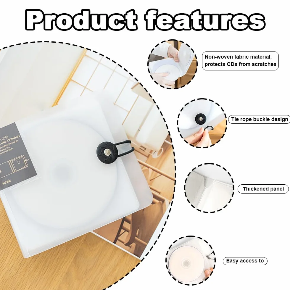 Etui de rangement pour CD, Support de DVD en Plastique Rigide, Protection pour Voyages en Voiture (12 Capacités, 1 blanc + 1 marron)