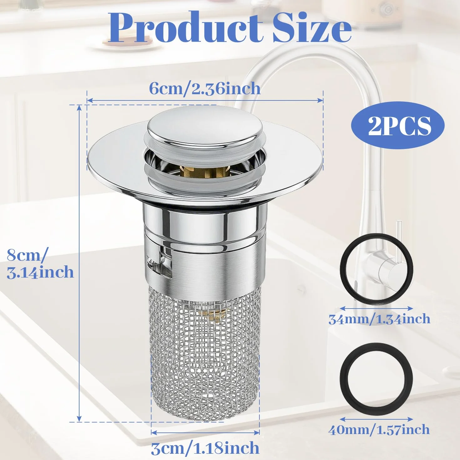 Bouchons d'évier universels lot de 2, pop-up inox avec filtre à cheveux 30-40 mm salle de bain cuisine