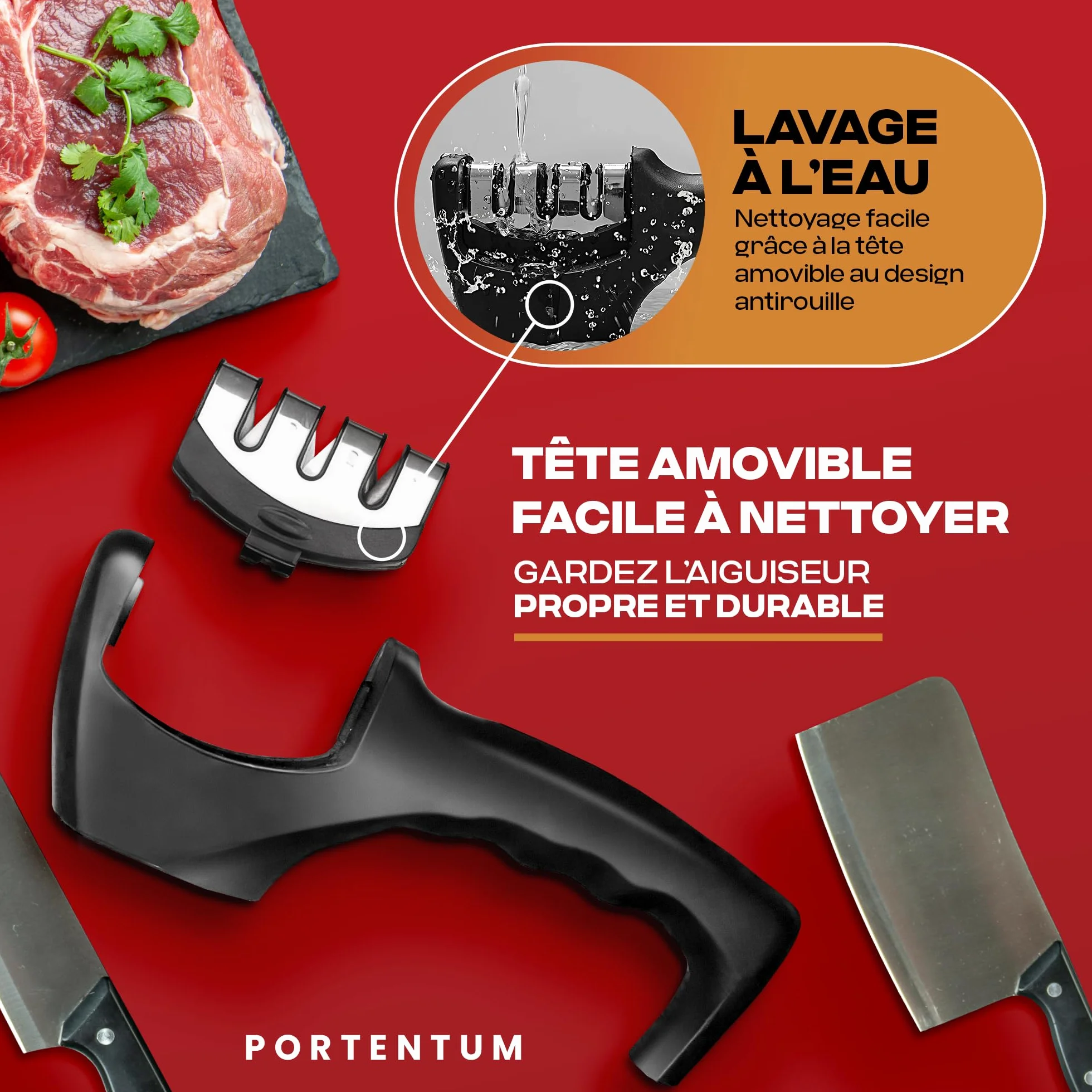 PORTENTUM Professionnel Aiguiseur Couteaux Manuel 3 Phases Cuisine