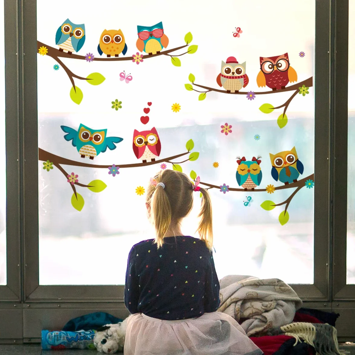 Stickers muraux enfants animaux de la forêt CHOUETTES mignonnes sur BRANCHES 120x100 cm Autocollant mural chambre bébé