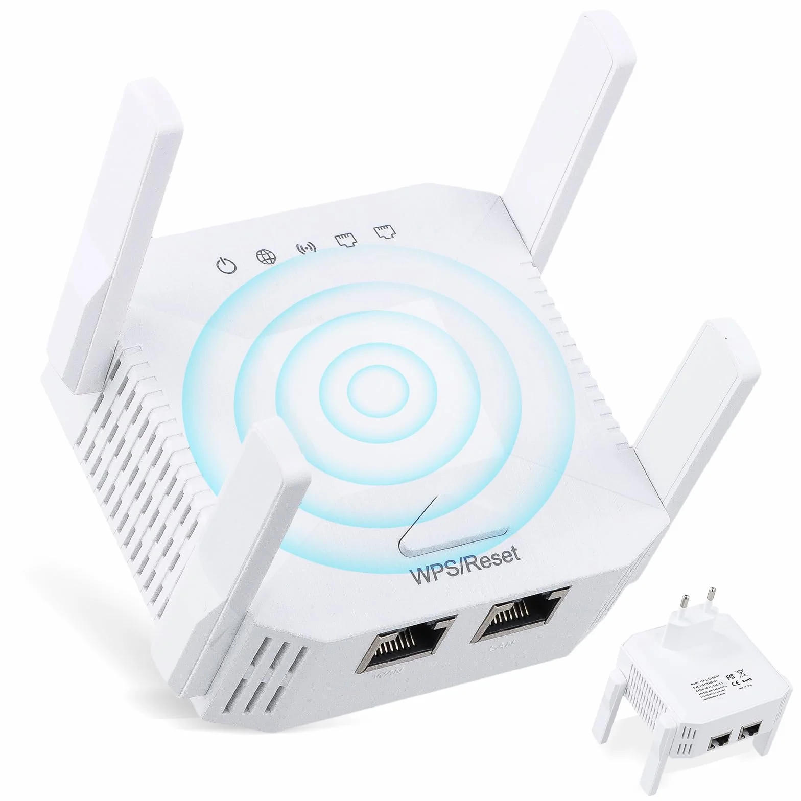 Potężny repeater WiFi 1200 Mb/s, dwuzakresowy wzmacniacz WiFi 2,4 GHz i 5 GHz, tryb repeatera/AP/router, 4 anteny zewnętrzne, przedłużacz Wi-Fi z portem Ethernet do domu i biura