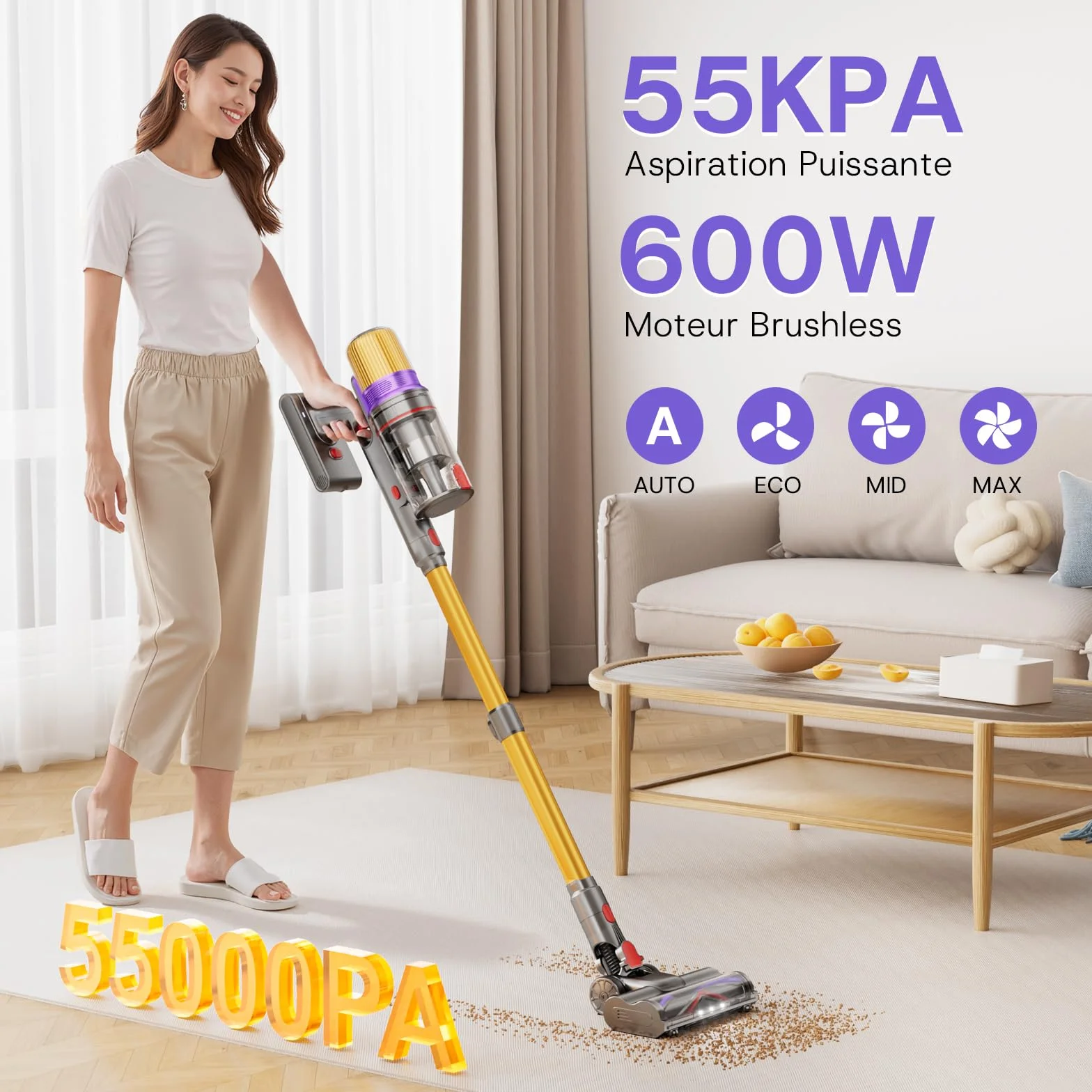 V16 Aspirateur Balai sans Fil 55Kpa/600W/80Mins, Aspirateur sans Fil Puissant, Écrans Tactiles LED, Mode Automatique, Brosse Anti-Emmêlement pour Tapis, Sols Durs et Poils d'animaux