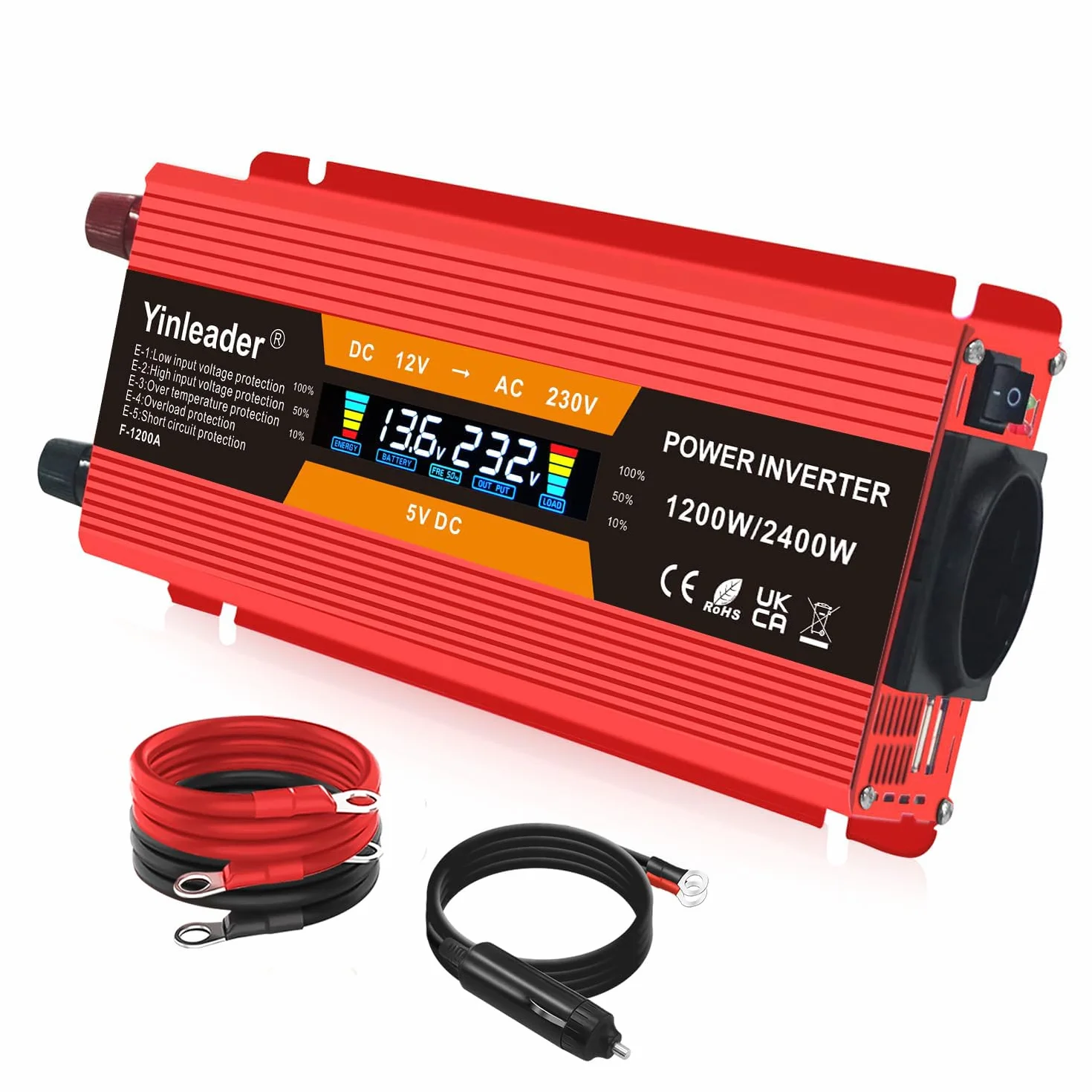 Yinleader Przetwornica napięcia 1200 W/2400 W 12 V 230 V falownik Dual USB Power Inverter z 1 gniazdem i wyświetlaczem LCD, do samochodu, czerwony
