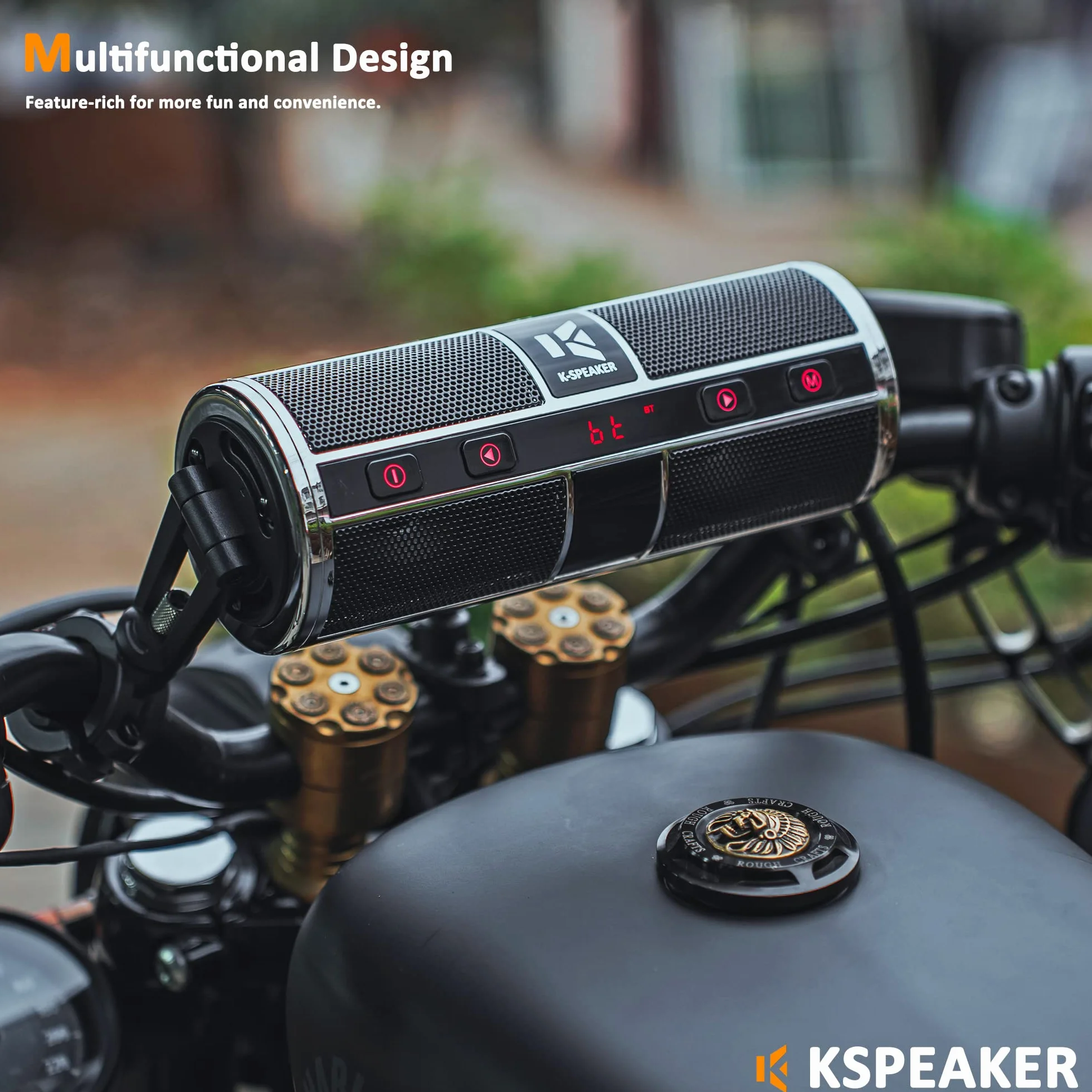 KSPEAKER Głośniki motocyklowe, Bluetooth, wodoodporny, radiowy, system audio, wbudowany wzmacniacz, idealny do ATV, skutera, pojazdu 12 V, metalowy odtwarzacz MP3 o przekątnej 3 cali, K2ch