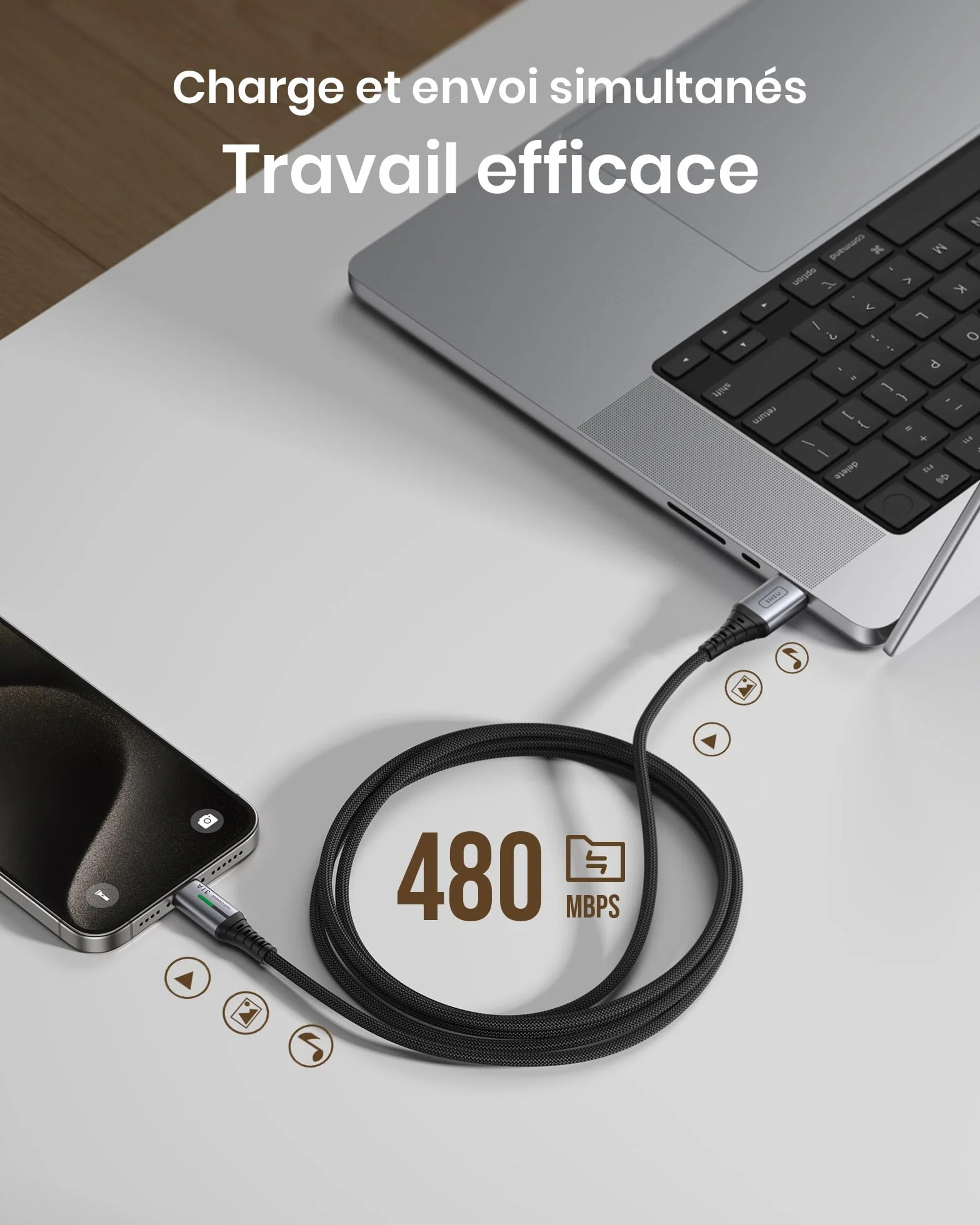 INIU Câble USB C Charge Rapide 3,1A Lot de 3 2m+2m+0,5m Nylon pour Samsung Galaxy S21 S20 A34 iPhone 15 Pro Google Pixel 7 Xiaomi PS5