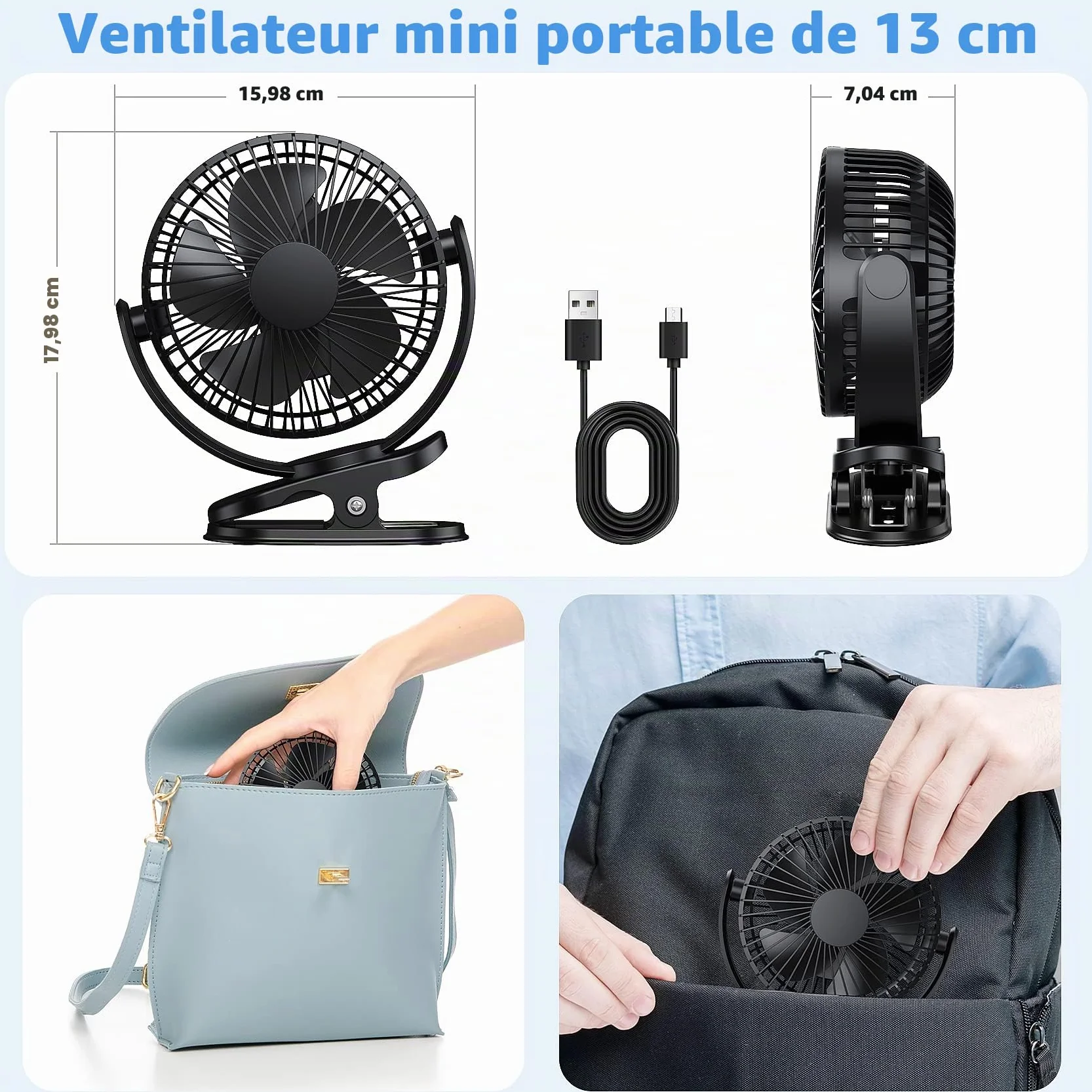 ATEngeus ventilateur Pince USB 5 inch avec batterie 5000 mAh, Portable Petit Ventilateur de Bureau, 3 vitesses, double rotation à 360°, avec câble USB, convient pour les familles, les bureaux