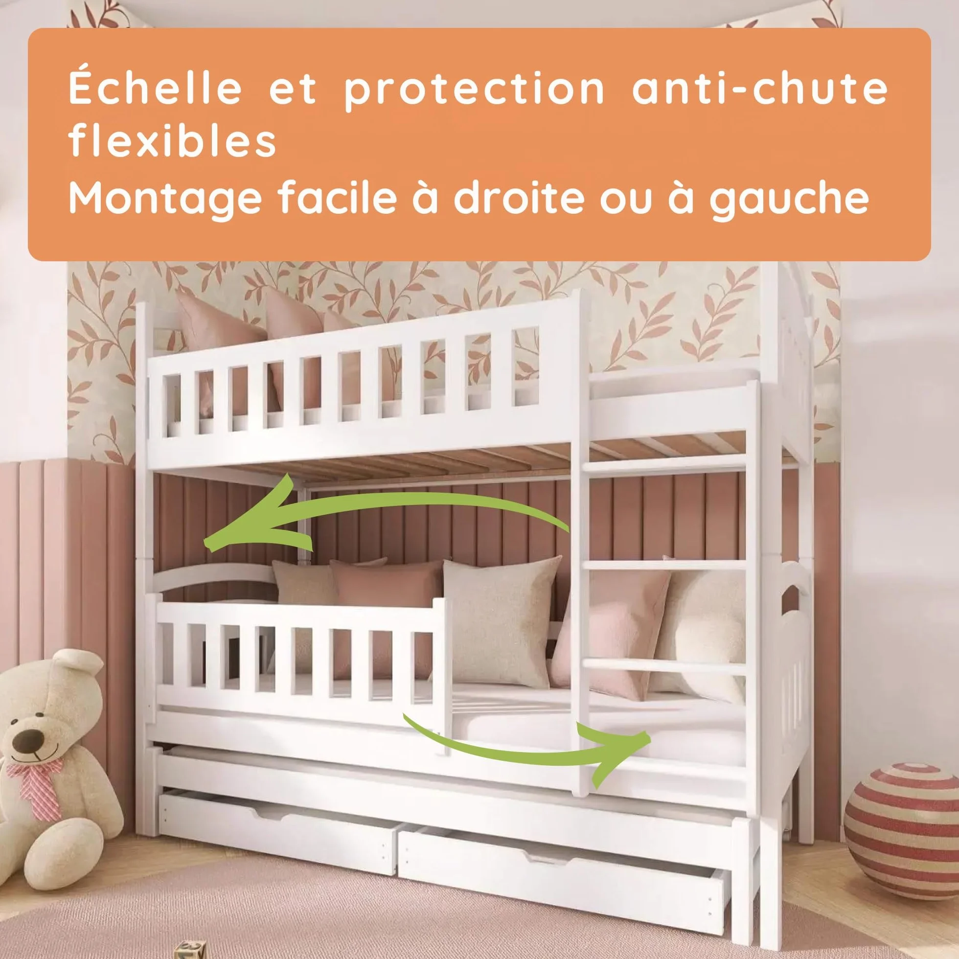 Kids Collective Lit superposé 90x200 pour Enfants et Adolescents – 3 couchages avec barrière de sécurité et tiroirs, Convertible en 3 Lits Simples | de 4 à 16 Ans | sommiers Inclus | Blanc