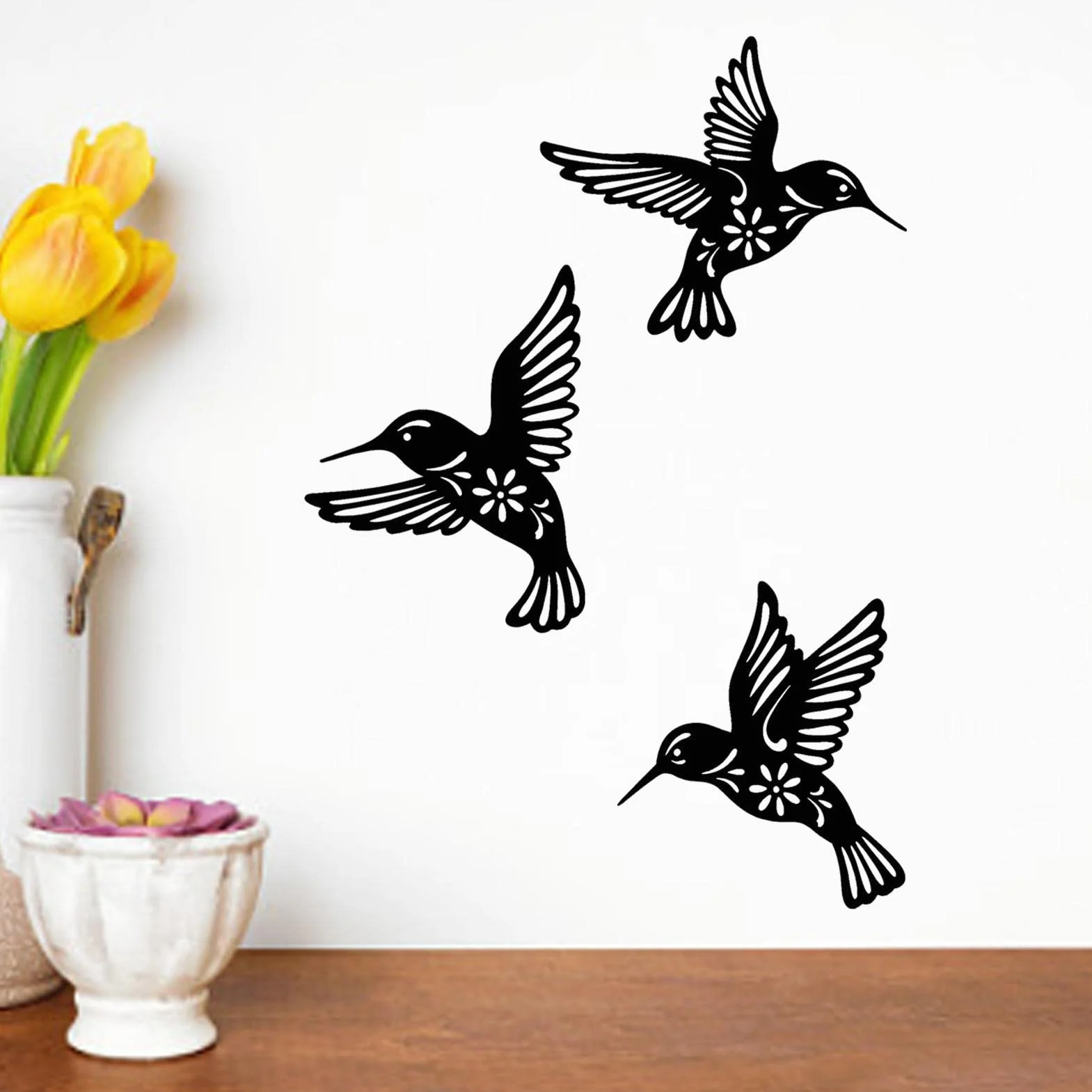 Otherway Sculpture Murale en Métal, 3 Pièces Fer Forgé, Art Mural Oiseaux Noir, Décoration Intérieur Jardin