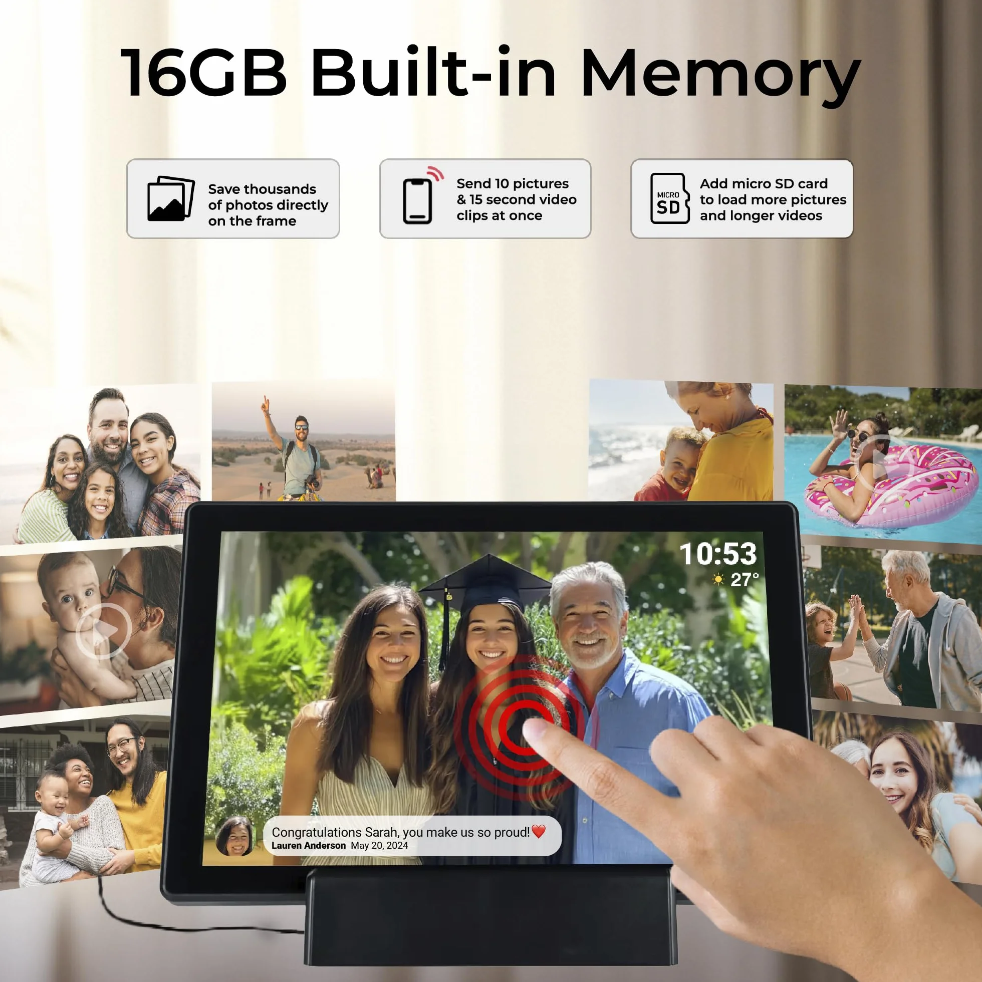 Denver PFF-1070B | cyfrowa ramka na zdjęcia Wi-Fi 10,1" z akumulatorem | ekran dotykowy HD IPS | aplikacja FRAMEO i pamięć 16 GB | czarna