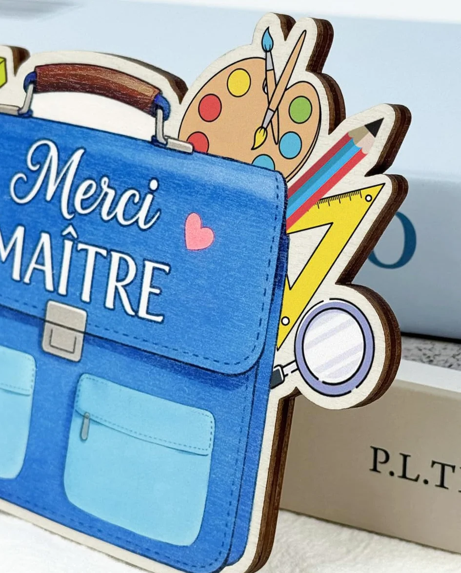 Magnet en Bois Merci Maitre d'école avec Carte de Vœux et Enveloppe, Cadeau Original Homme Professeur