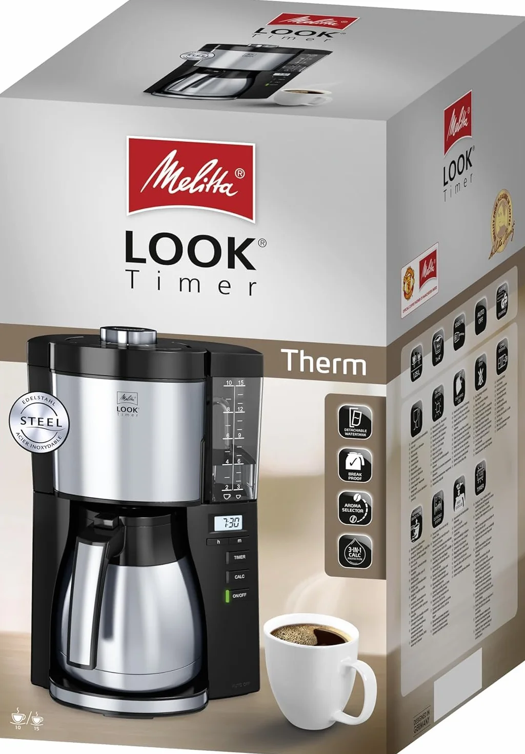 Melitta Cafetière à filtre Look V Therm Timer Noire, avec Carafe thermique et fonction minuterie, Réservoir d'eau amovible et programme de détartrage, capacité 10-15 tasses, modèle 1025-18