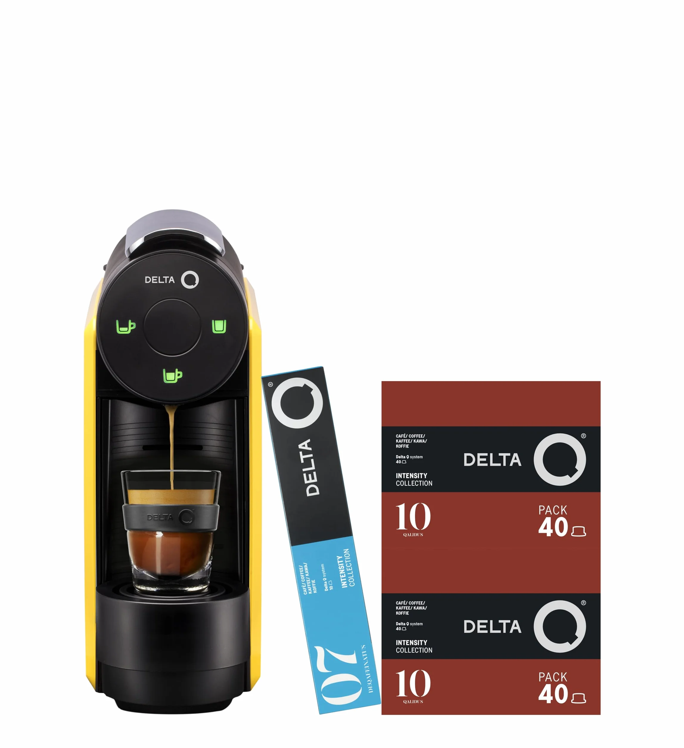Delta Q Machine à Capsules MiniQool Jaune, Inclus 90 Capsules | 19 Bars de Pression, Réservoir 0.6L, Inclus 2 x 40 Caps Qalidus et 10 Caps Décaféinées