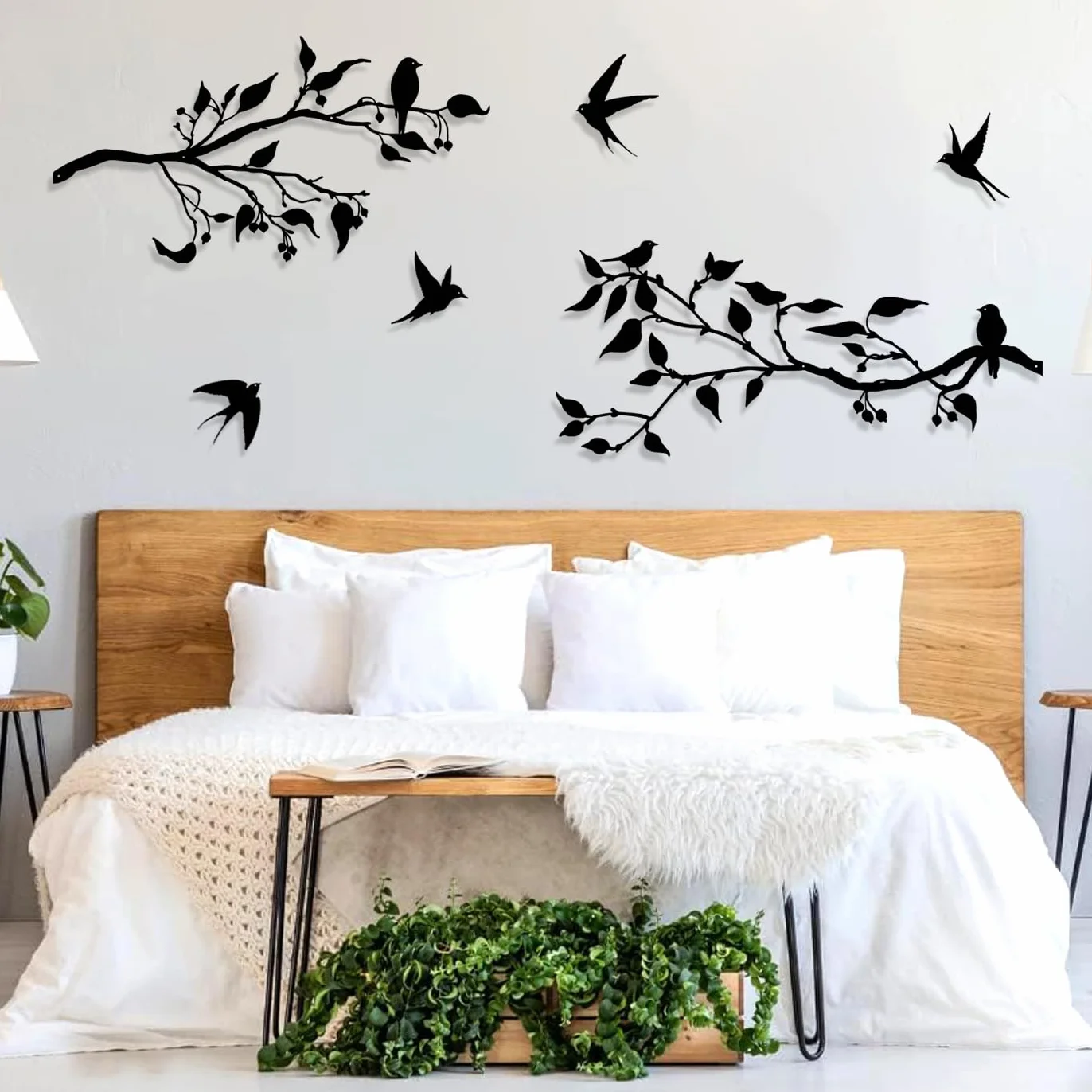 Métal Art Décoration Murale, Silhouette d'oiseaux sur branche, Sculpture murale d'extérieur en métal