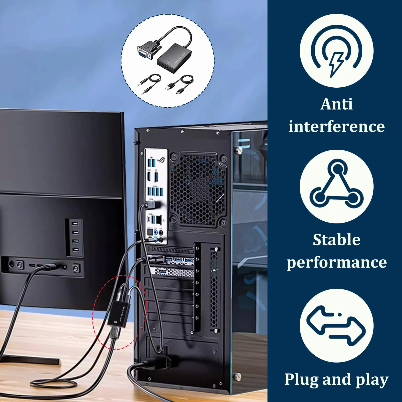 Adaptateur VGA vers HDMI 1080p Convertisseur Mâle vers Femelle avec Audio USB 3,5mm