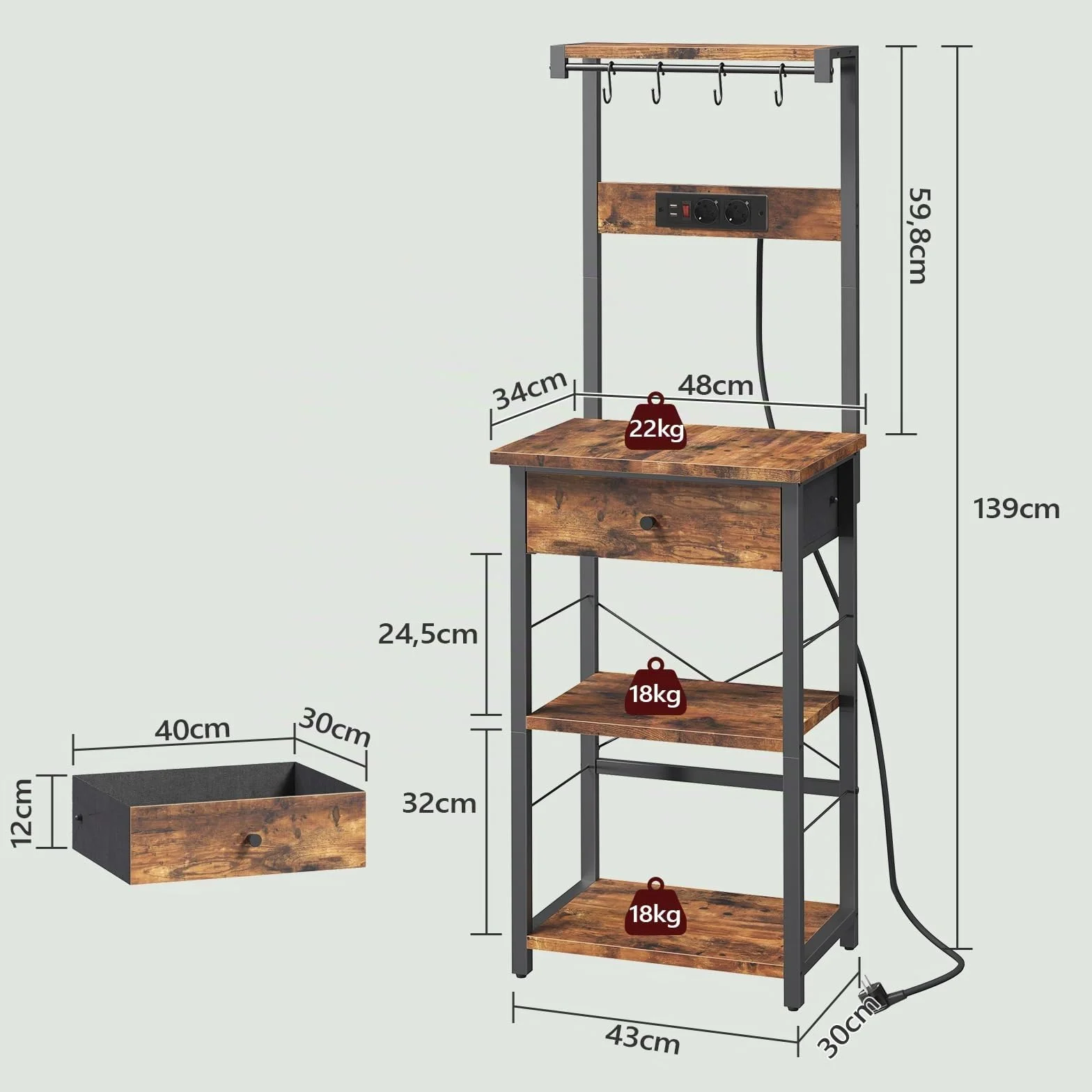 MAHANCRIS Étagère de Boulanger avec Tiroir et Prise de Courant, Support pour Micro-Ondes, Bar à Café, 4 Crochets en S, pour Cuisine, Salon, Salle à Manger, Marron Rustique ABRHR48UE01