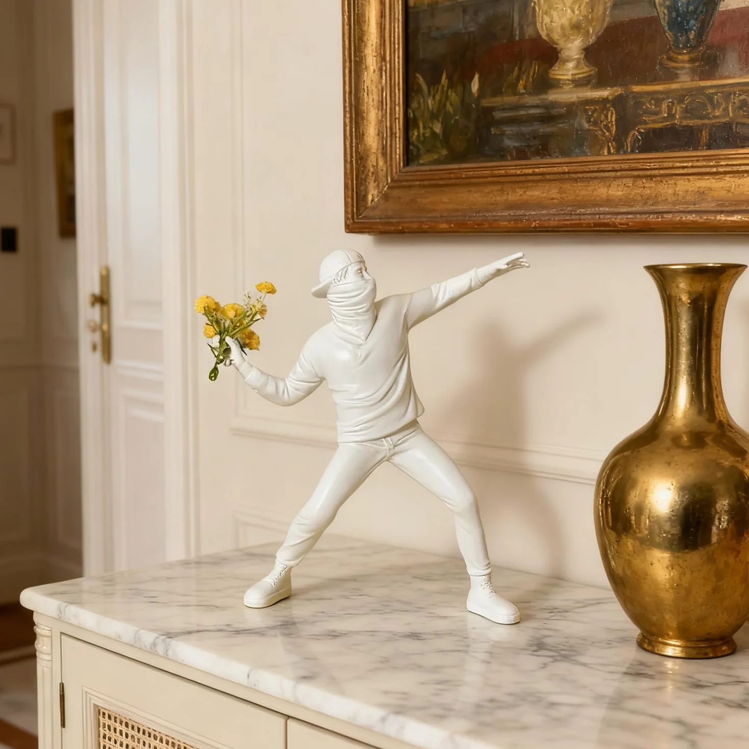 Sculpture Figurine Banksy, Décoration Salon Maison Statue Intérieure (Blanc)