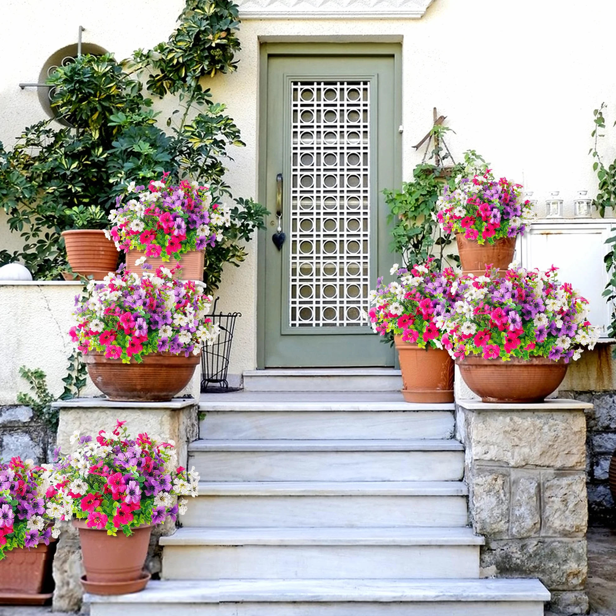 ROLLWAY Lot de 6 Fleurs Artificielles Résistant aux UV pour Extérieur - Décoration Jardin Balcon