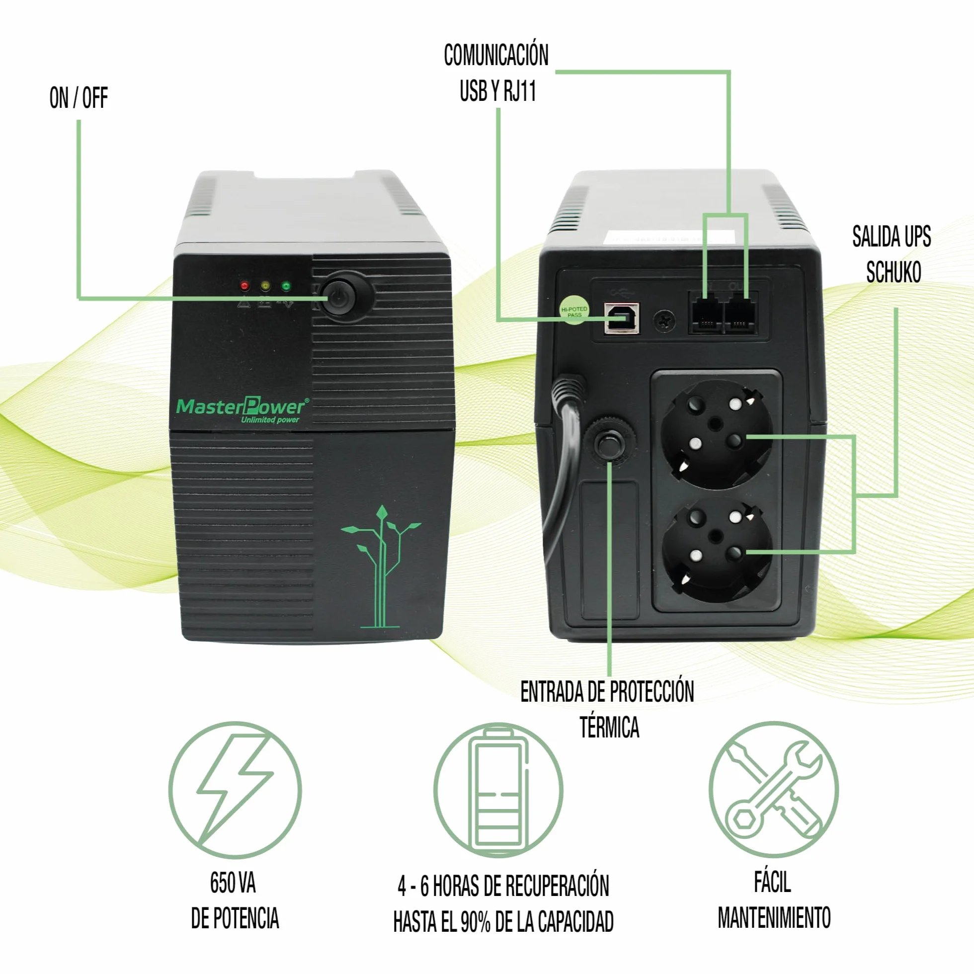 Master Power, Zasilacz bezprzerwowy UPS, UPS 650 VA, stałe napięcie wyjściowe 360 W, 2 gniazda Schuko