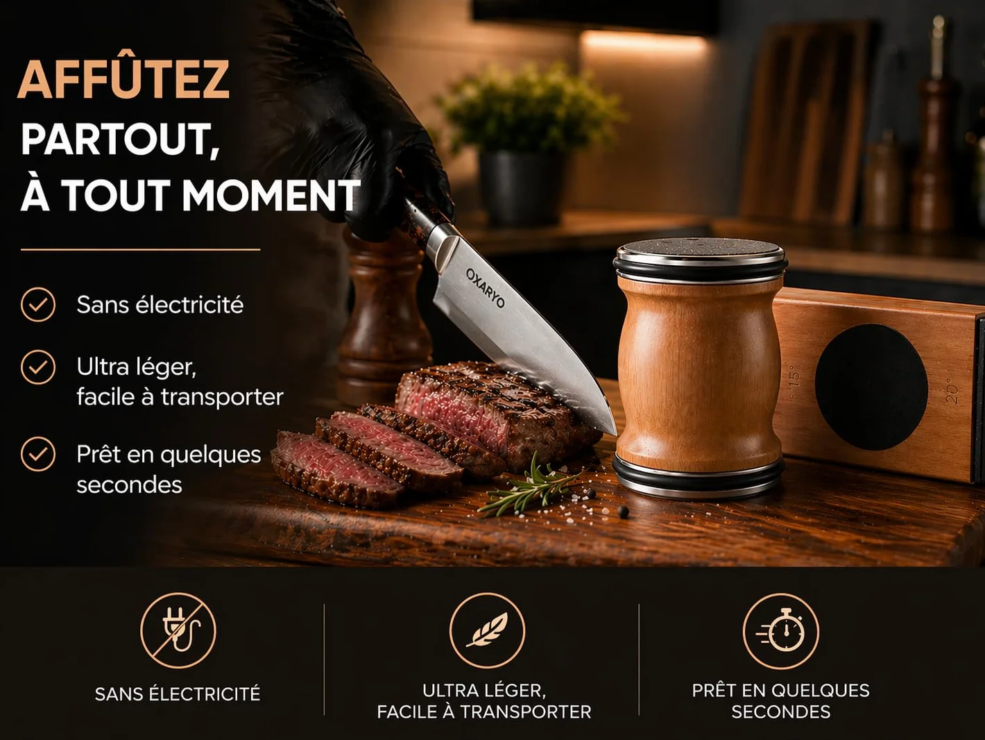 OXARYO Affûteur Couteaux Professionnel Manuel à Rouleau Disque Diamant Acier Inox Angle 15° 20° Bois Premium