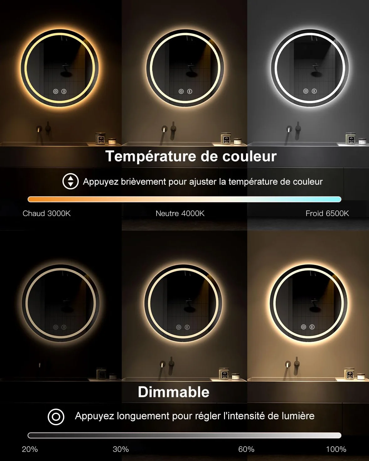 Dripex Miroir Salle de Bain avec Eclairage 50cm, Miroir LED Rond avec Anti-buée, 3 Couleurs Lumière, Dimmable, Fonction Mémoire, HD Verre Trempé, Capteur Tactile, IP44