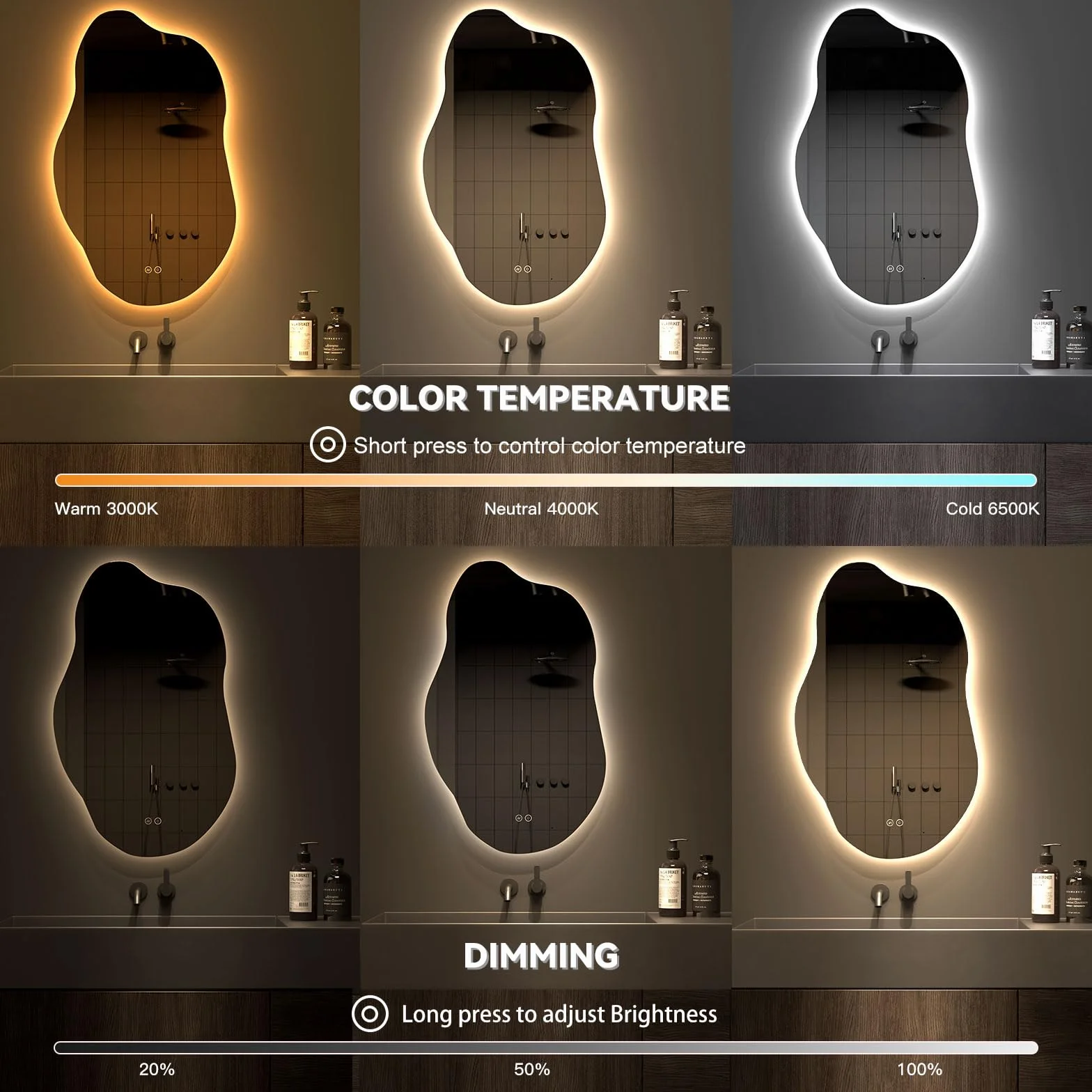 Dripex Miroir Salle de Bain 52 x 85cm, Miroir Asymétrique Salle de Bain avec éclairage LED, Interrupteur Tactile, Lumière Réglable 3 Couleurs, Anti-buée, Mémoire