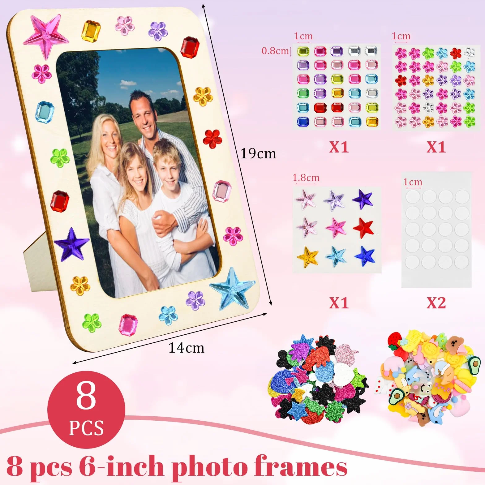 Lot de 8 cadres photo en bois à peindre avec 4 autocollants - Kit de bricolage pour enfants
