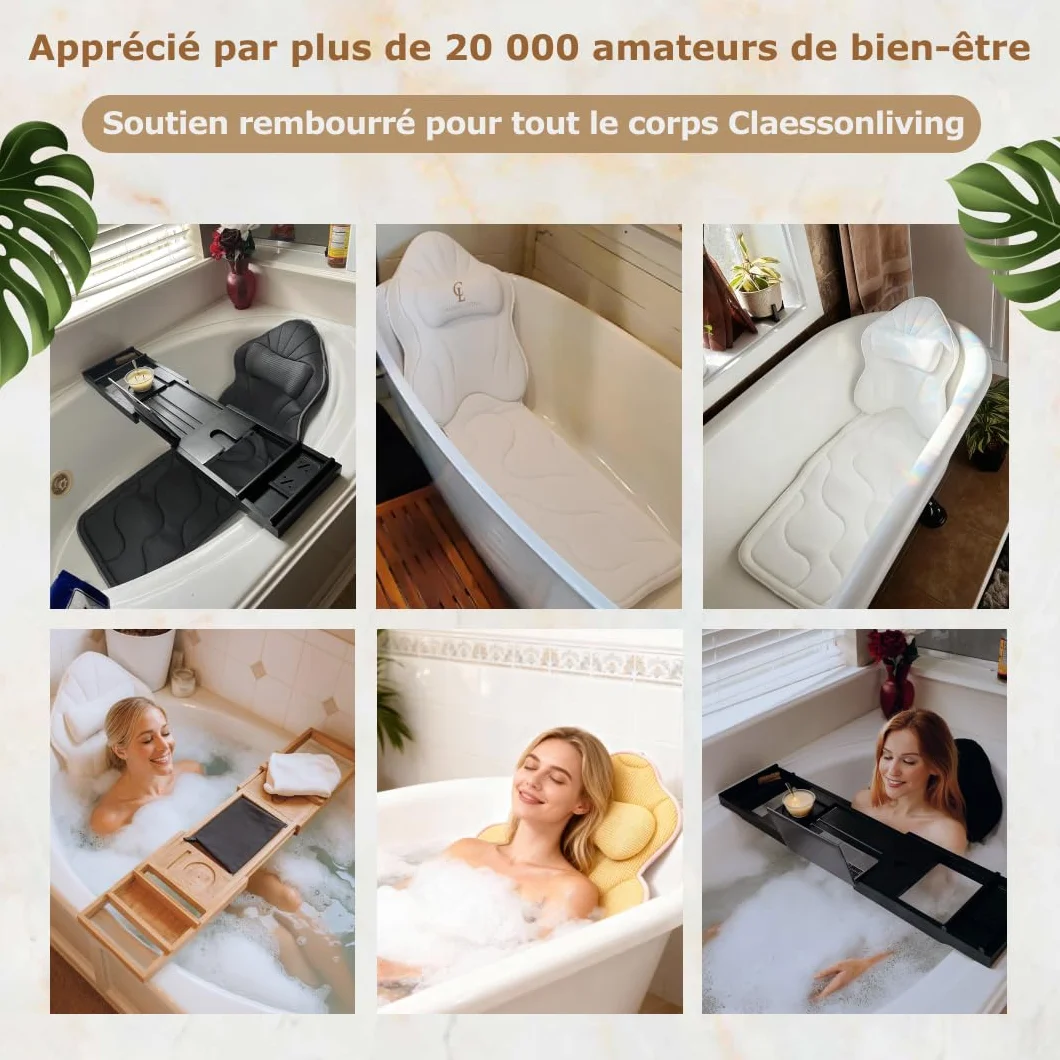 Coussin Baignoire Corps Complet Claessonliving (126x41cm) - Matelas de Bain avec appuie-tête (13cm) & Supports Corps - Coussin Baignoire Adulte - Oreiller Baignoire - Sacs de Lavage Inclus - Gris